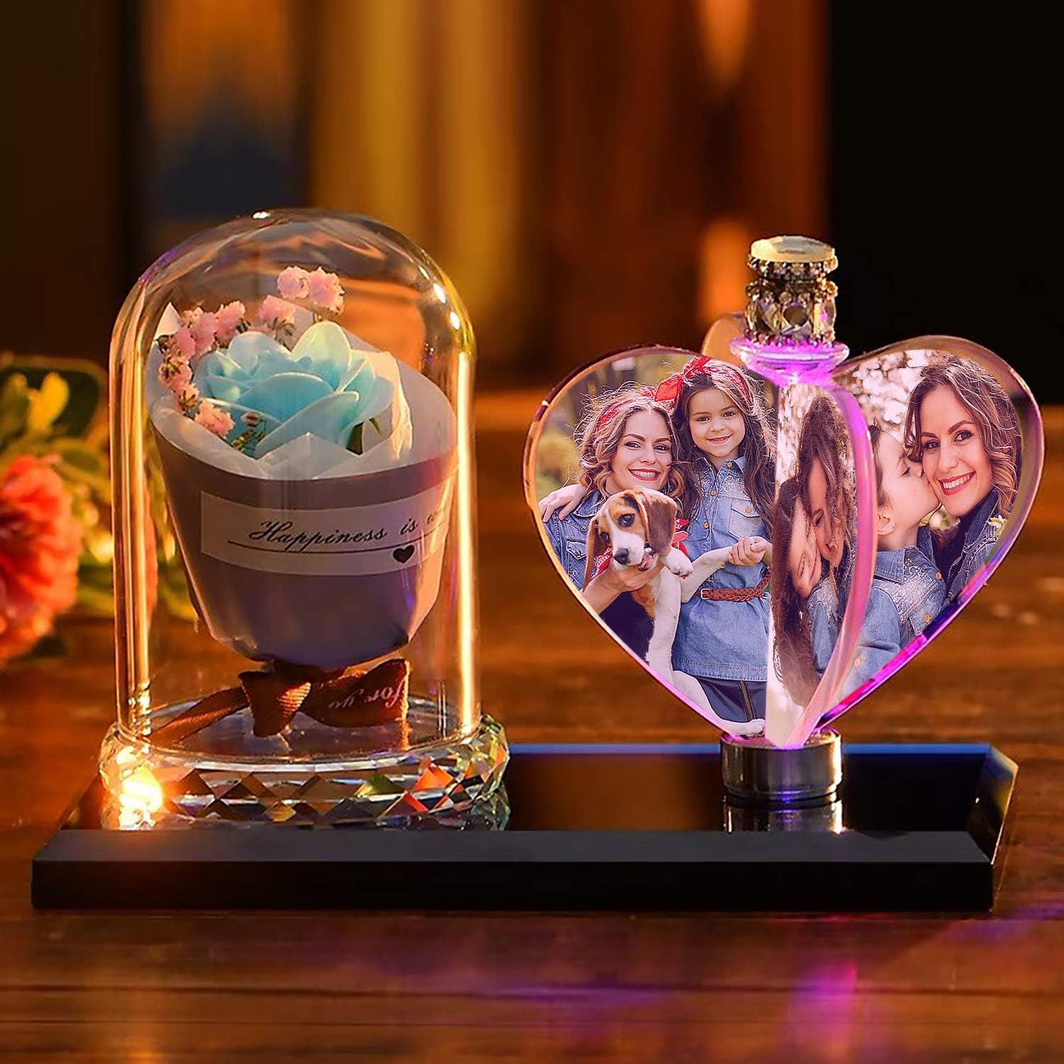Marco de fotos personalizado en forma de corazón de cristal en forma de corazón de luz de noche de cristal Familia Bebé Madre Amante Daddy Day