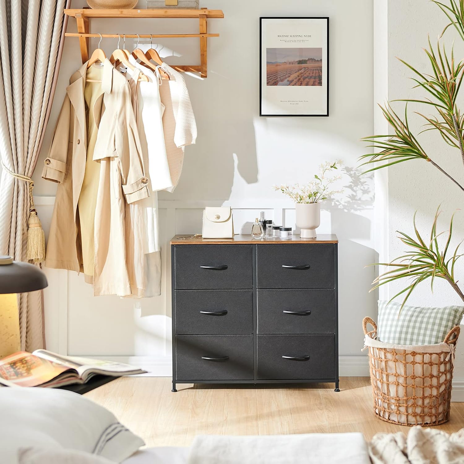 Somdot Cómoda para dormitorio con 6 cajones, cómoda de almacenamiento de 3 niveles con contenedores de tela extraíbles para armario, guardería,