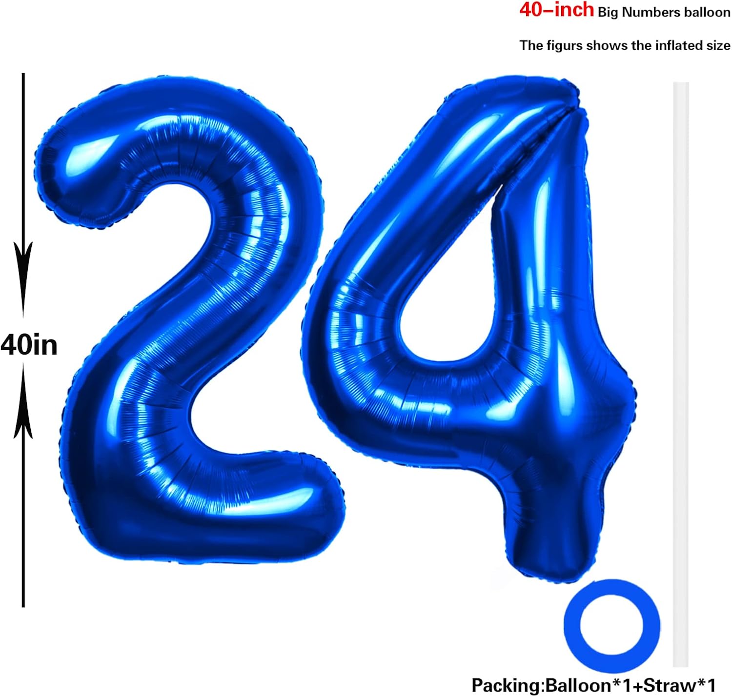 Globos azules de 40 pulgadas con el número 24, gigantes, grandes, de papel de aluminio de Mylar con el número 24, suministros de decoración para