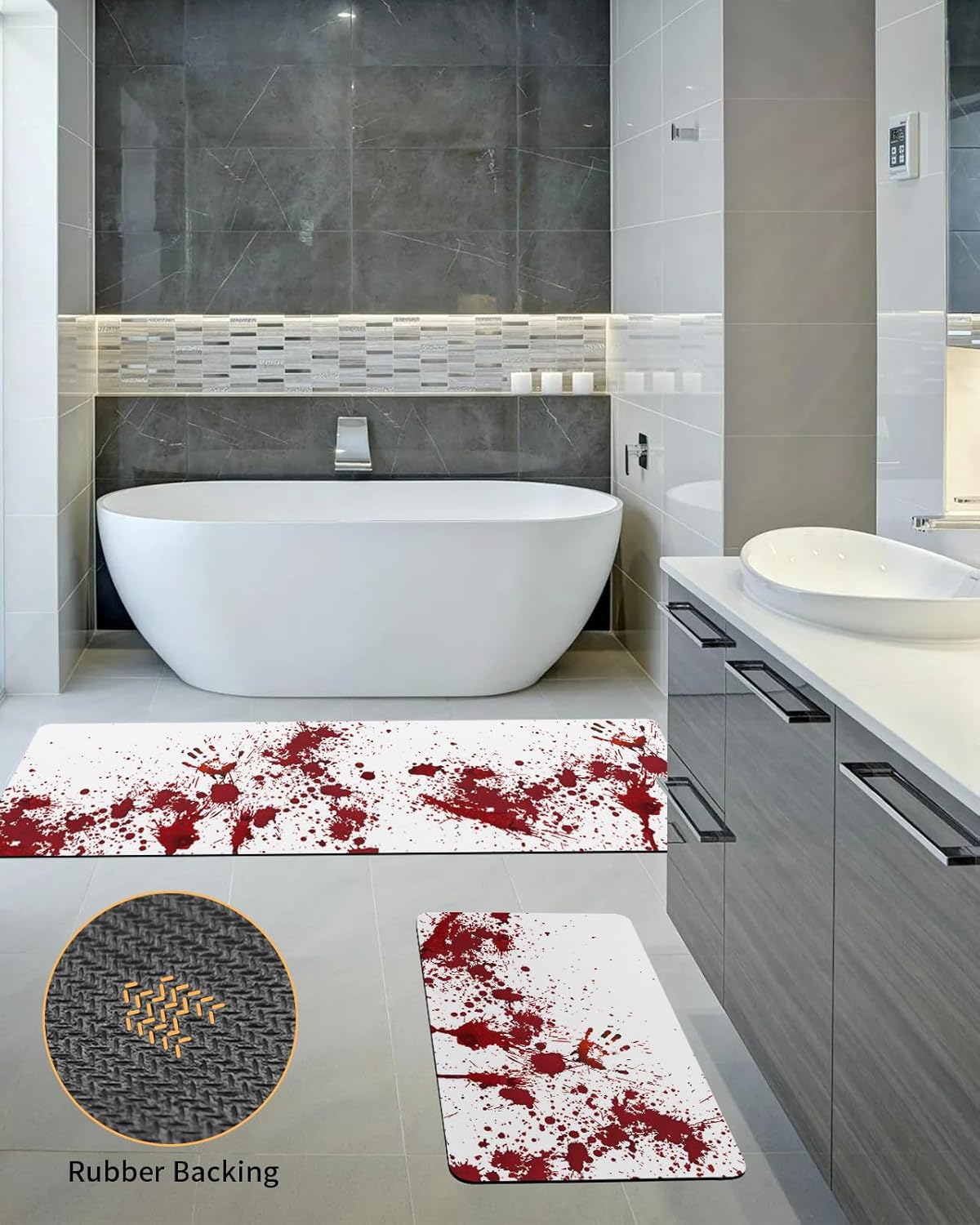 Juego de 2 alfombras de baño de Halloween, 2 piezas de mano de sangre, espeluznante, alfombra de baño espeluznante con temática de zombi, tapetes de