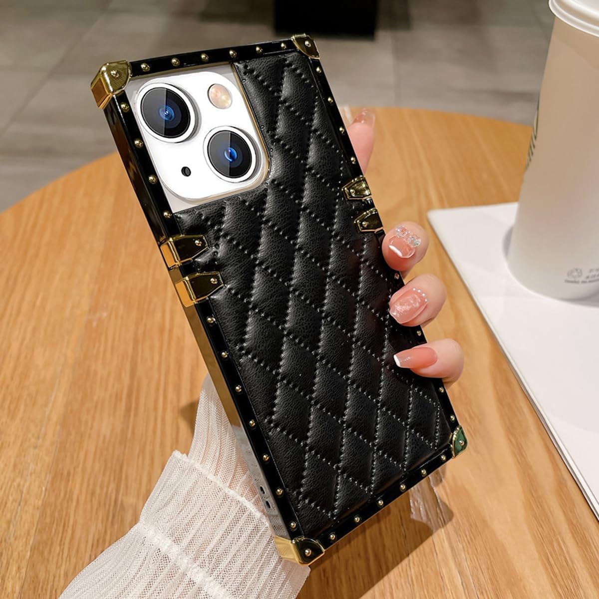 Funda para iPhone 15 con borde cuadrado para mujer, bonita decoración dorada de lujo, cuadrada, suave, parachoques, elegante, a prueba de golpes,
