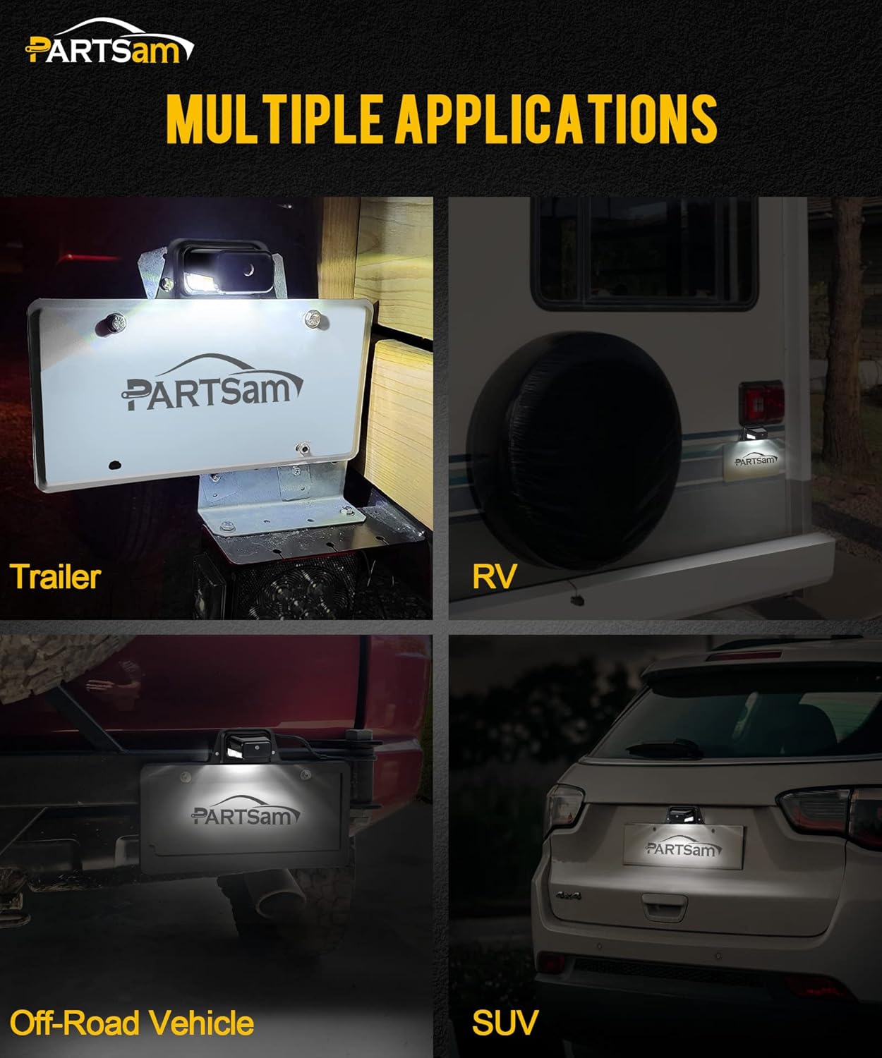 Partsam Luz LED para matrícula, impermeable, 12 V CC, con soporte, orificio de drenaje, soporte de acero, carcasa de ABS, lente de PC para remolque,