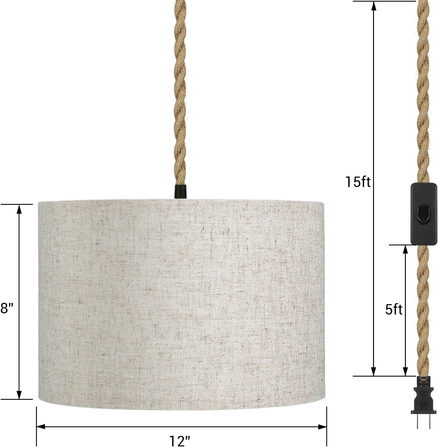 EDISHINE Paquete de 2 lámparas colgantes estilo bohemio enchufables, luces colgantes con cable de cuerda de cáñamo de 15 pies, pantalla de lámpara