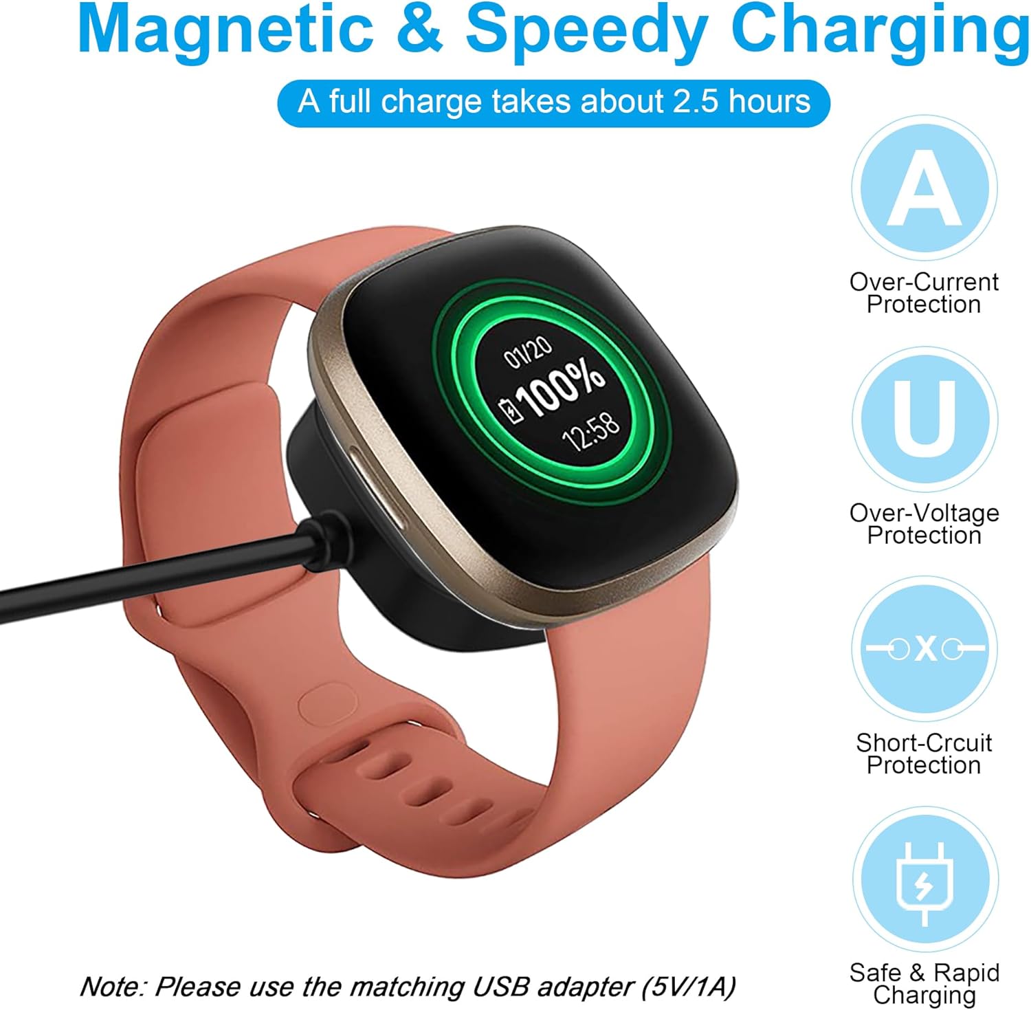 Cargador de pared rápido para Fitbit SenseSense 2Versa 3Versa 4, cable de carga USB de repuesto compatible con Fitbit Sense 12 y Fitbit Versa 34