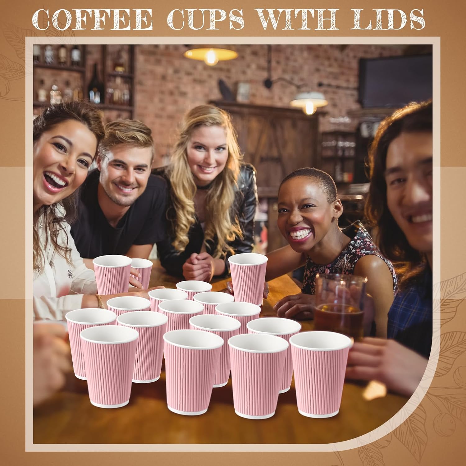 Tioncy 100 tazas de café desechables con tapas, tazas de papel, onduladas corrugadas, aisladas en la pared, tazas calientes con tapas para café,