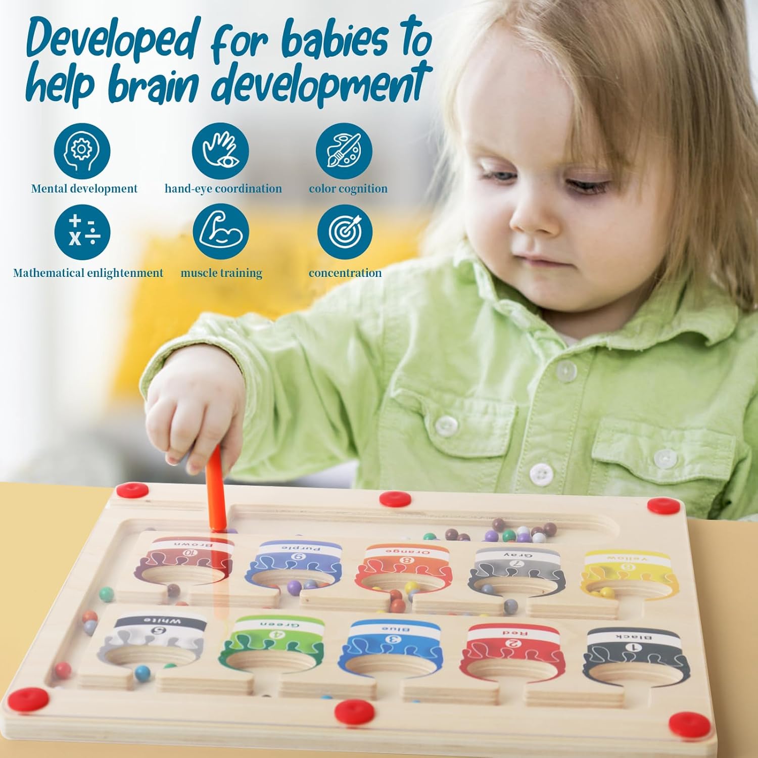 Laberinto magnético de color y números, juego de mesa de rompecabezas de madera para niños pequeños, juguetes Montessori de clasificación de colores