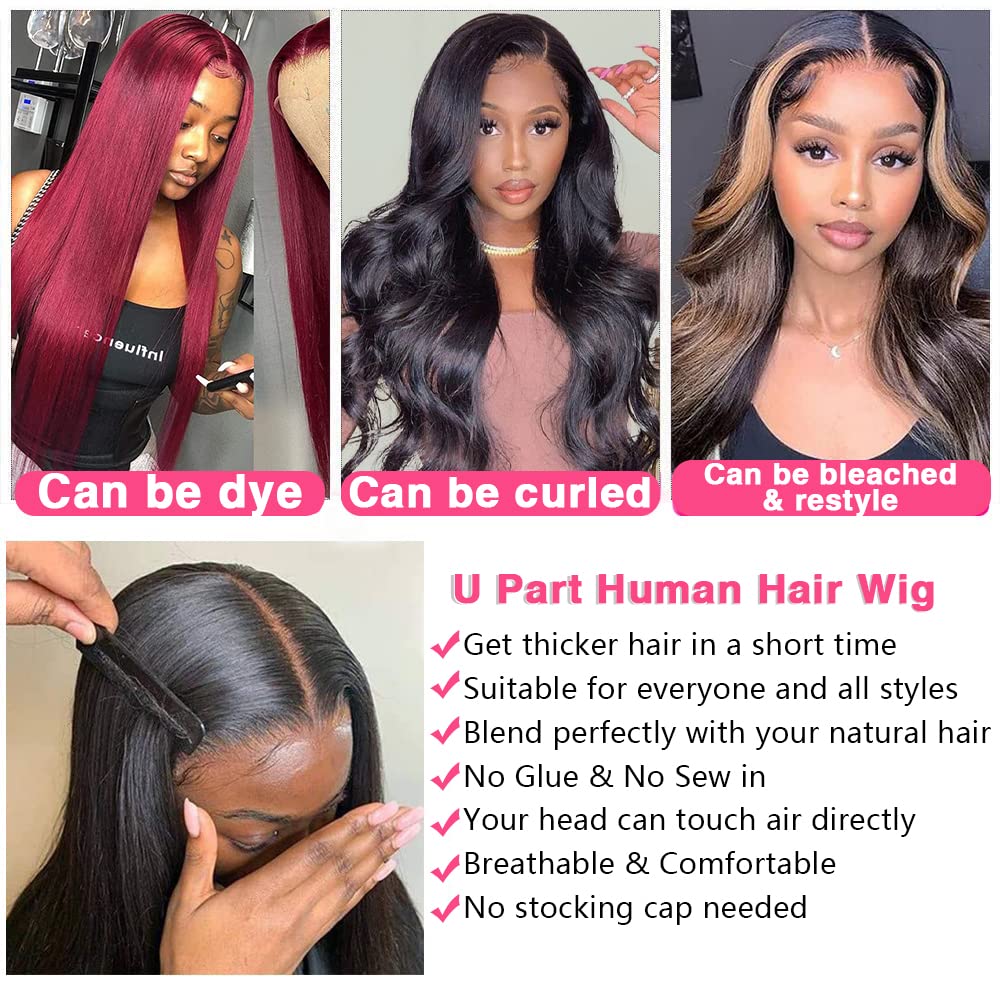 Sooolavely Pelucas de cabello humano con parte en U para mujeres negras, para principiantes, sin procesar, virgen, brasileño, sin pegamento,