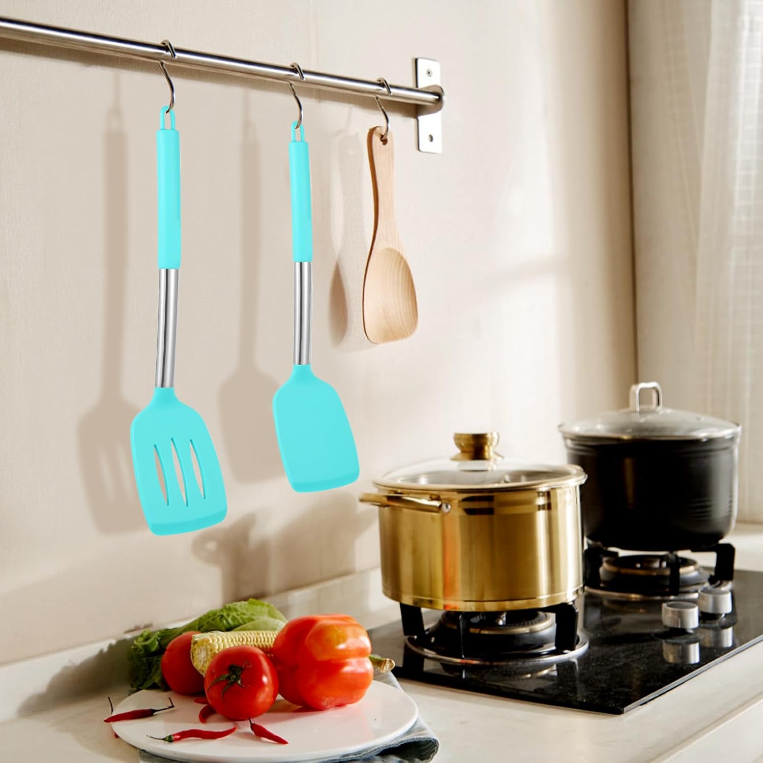 2 espátulas sólidas de silicona, espátulas de cocina ranuradas antiadherentes, utensilios de cocina resistentes al calor de 600 F, utensilios de
