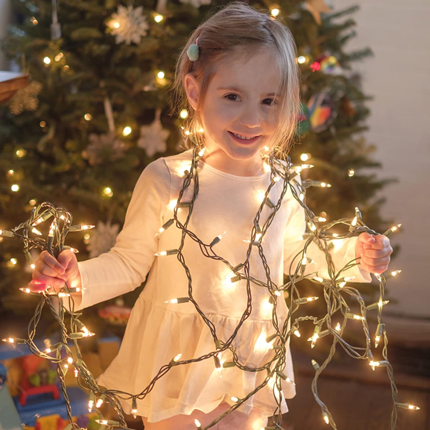 Luces de Navidad, 150 unidades, 33 pies, luces de hadas de alambre verde, luces de árbol de Navidad conectables con certificación UL de 120 V para