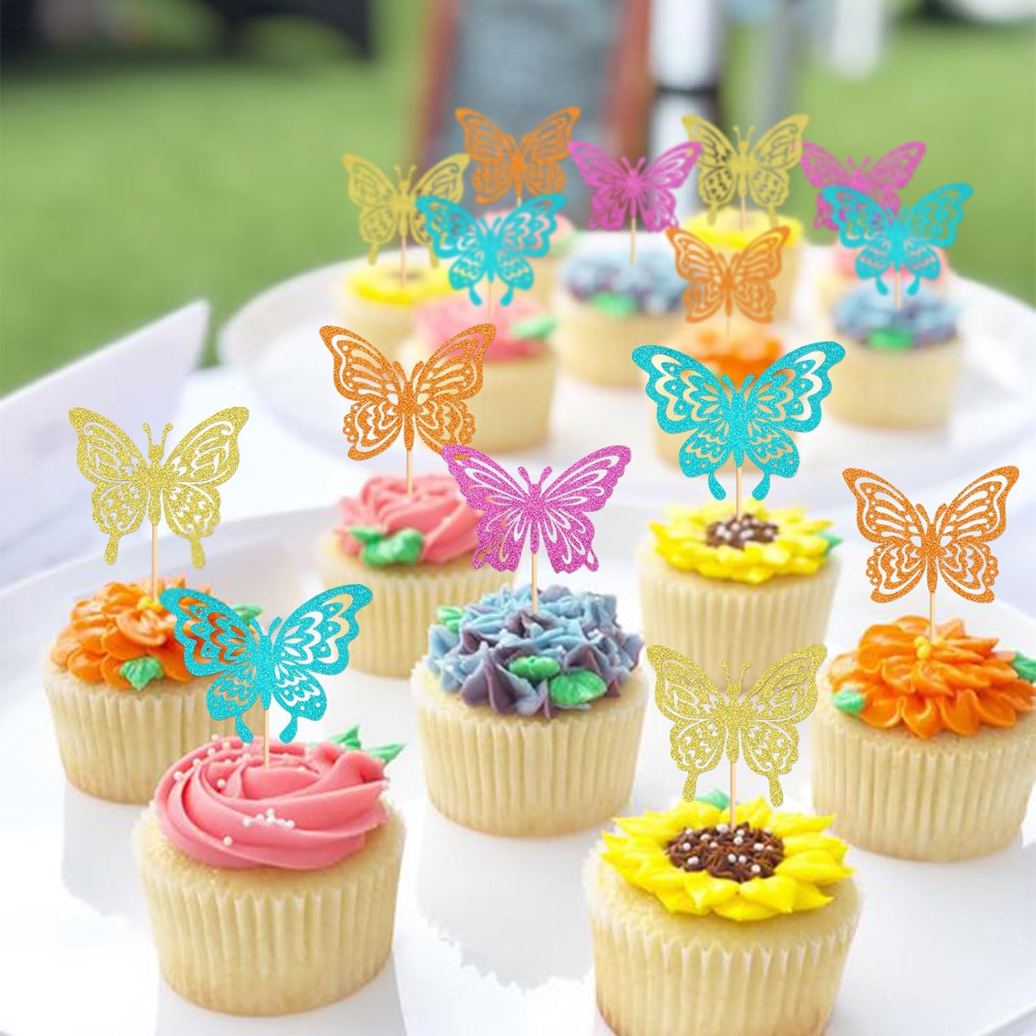 Paquete de 24 adornos de mariposa para cupcakes ensamblados con diseño de mariposa, baby shower, boda, compromiso, despedida de soltera, para niños,