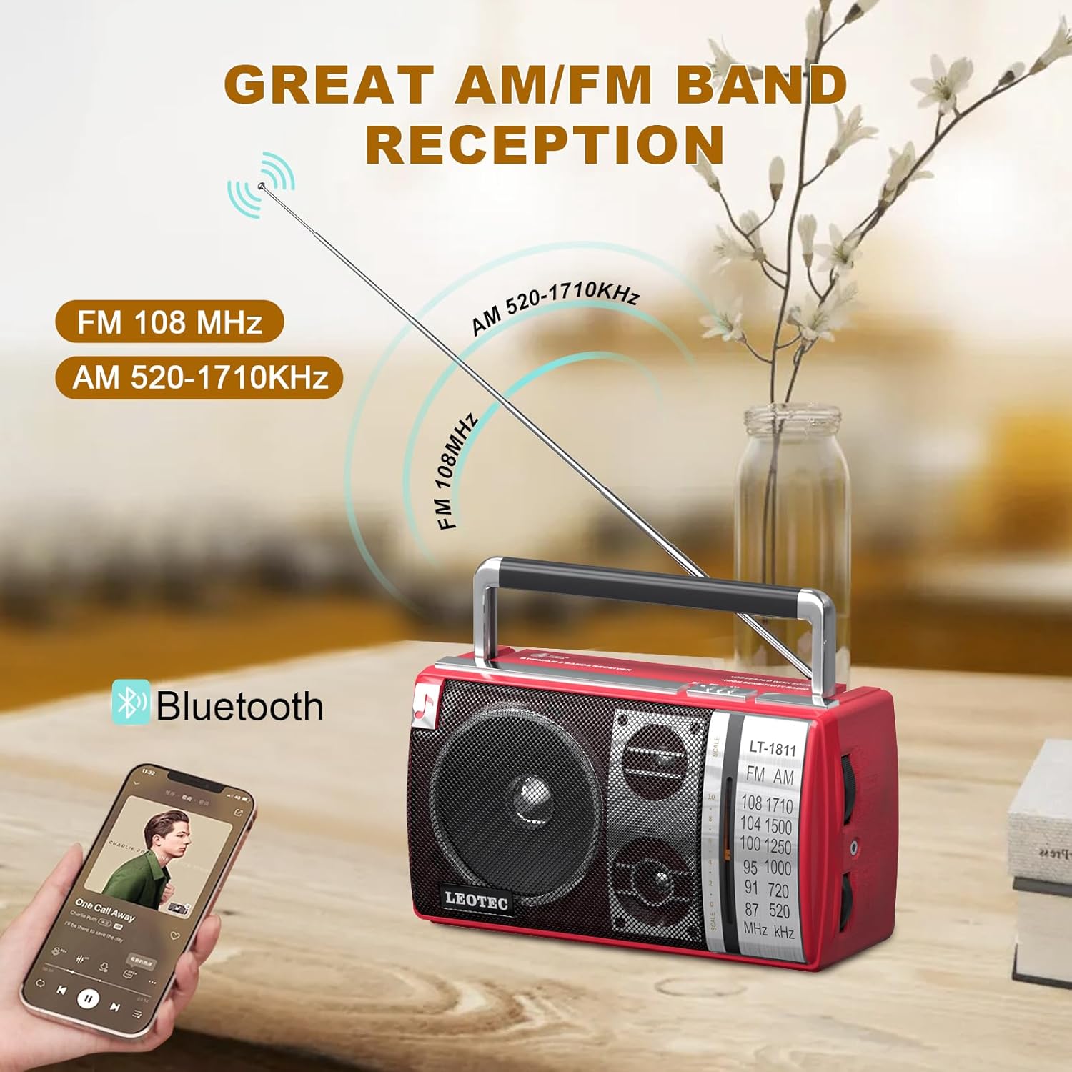 LEOTEC Radio AM FM, radio Bluetooth portátil, enchufe de pared o funciona con pilas, la mejor recepción con conector para auriculares, de mano,
