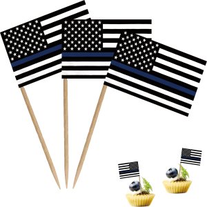 Bandera fina de línea azul con palillo de dientes de la policía estadounidense, honrando a los oficiales de aplicación de la ley, pequeños adornos Bandera fina de línea azul con palillo de dientes de la policía estadounidense, honrando a los oficiales de aplicación de la ley, pequeños adornos