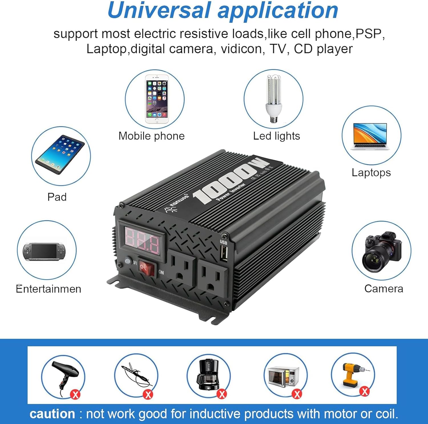 Inversor de 1000 vatios 1000 W, inversor de 12 V a 110 V120 V, inversor de corriente para camiones, vehículos semi camiones, convertidor de 12 V a