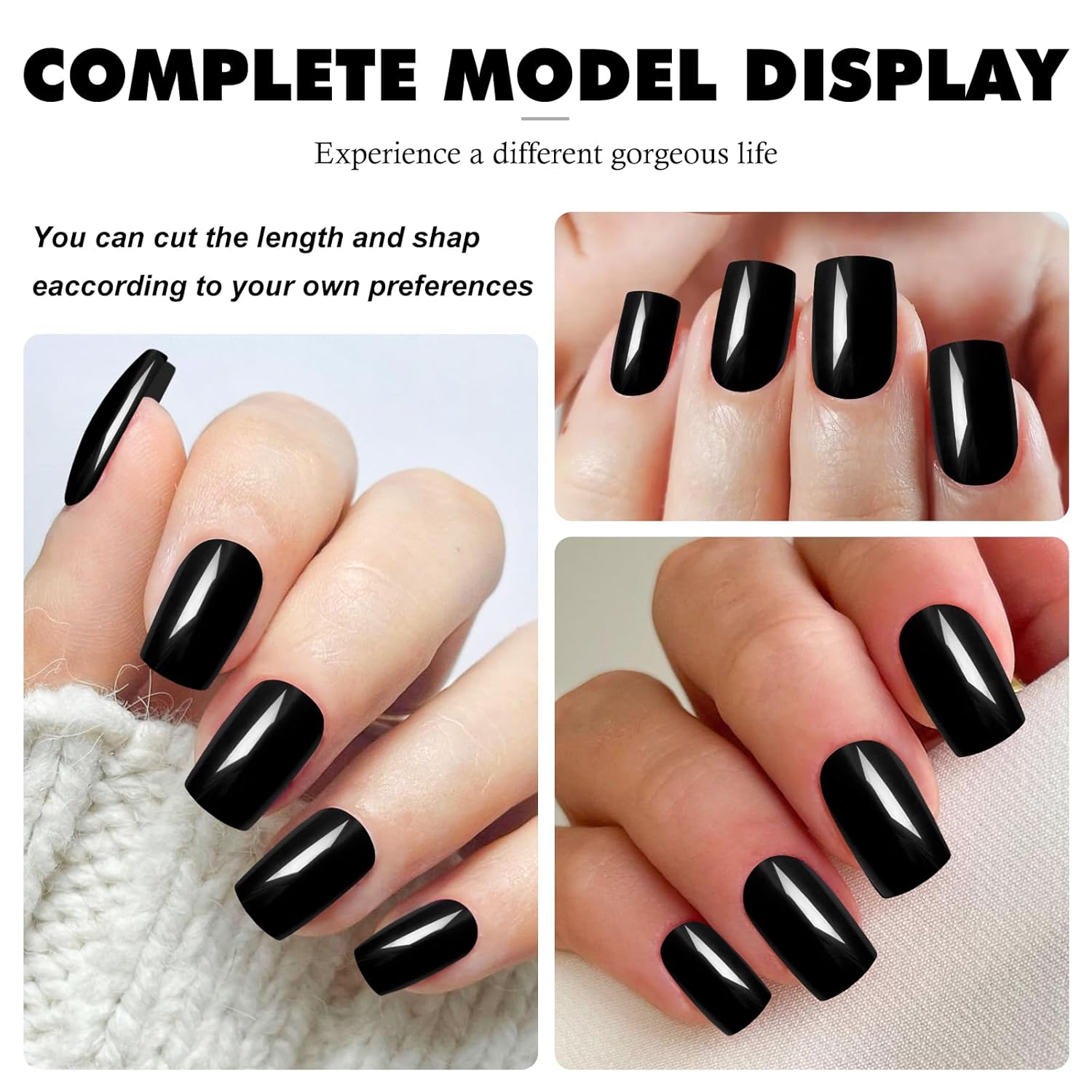 LoveOurHome 240 uñas postizas negras a presión, cuadradas medianas, uñas postizas cuadradas de gel, uñas postizas de gel, uñas postizas de color