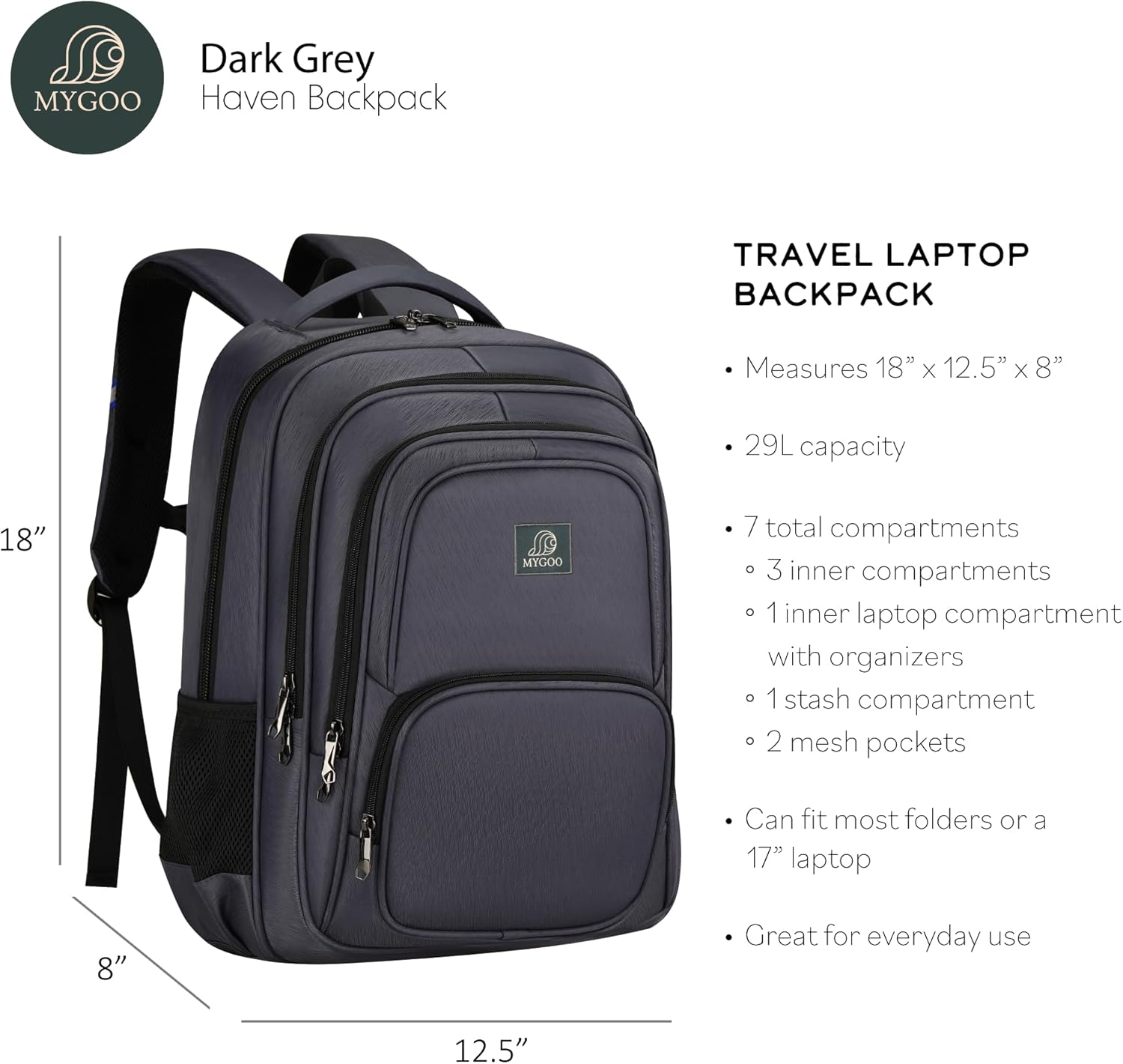 MYGOO Mochila de viaje para laptop  Mochila escolar unisex grande de 29L con puerto de carga USB para estudiantes universitarios y profesores , Gris
