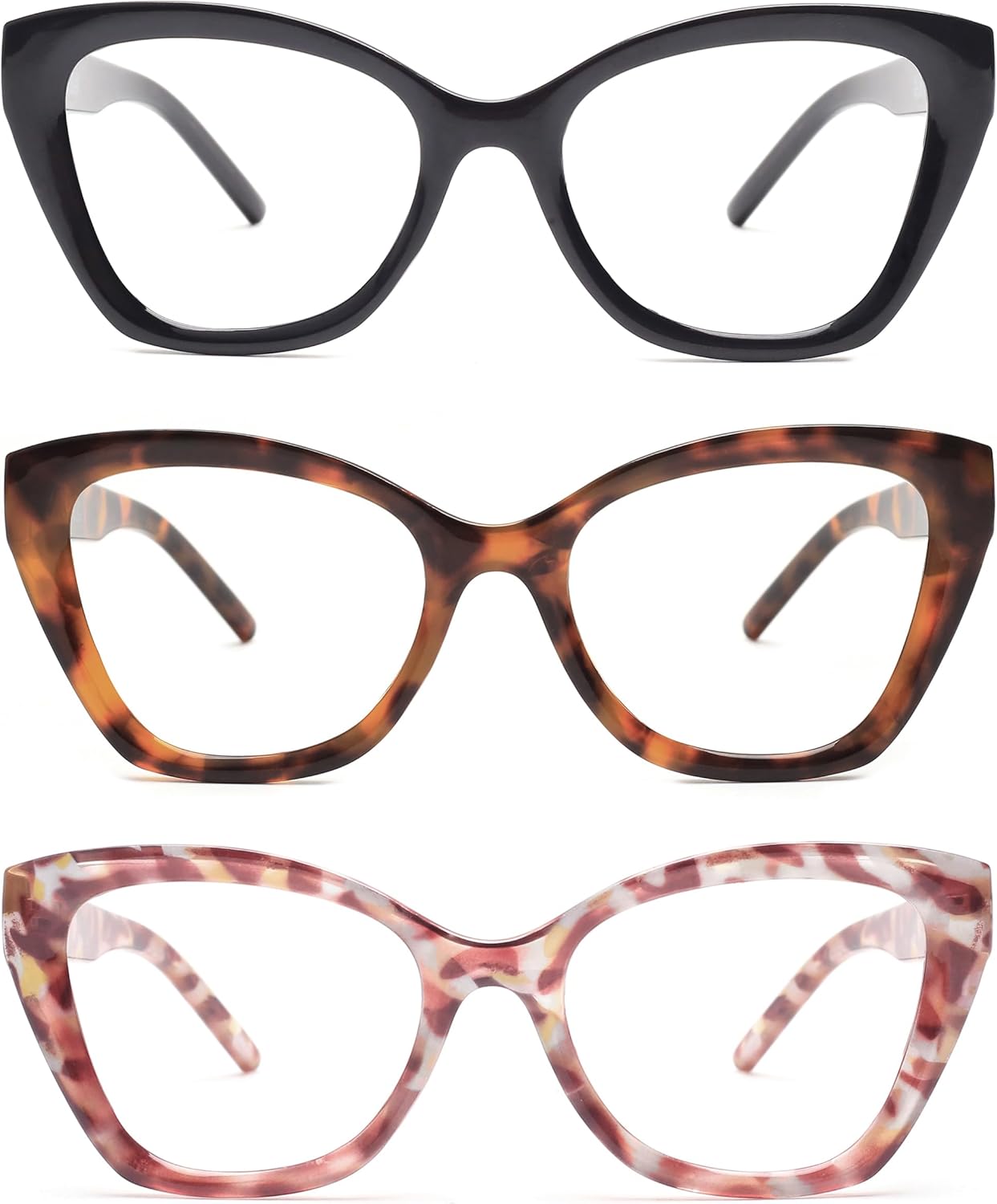 JM Paquete de 3 lentes de lectura de ojo de gato de gran tamaño para mujer, estilo Oprah moderno con bloqueo de luz azul