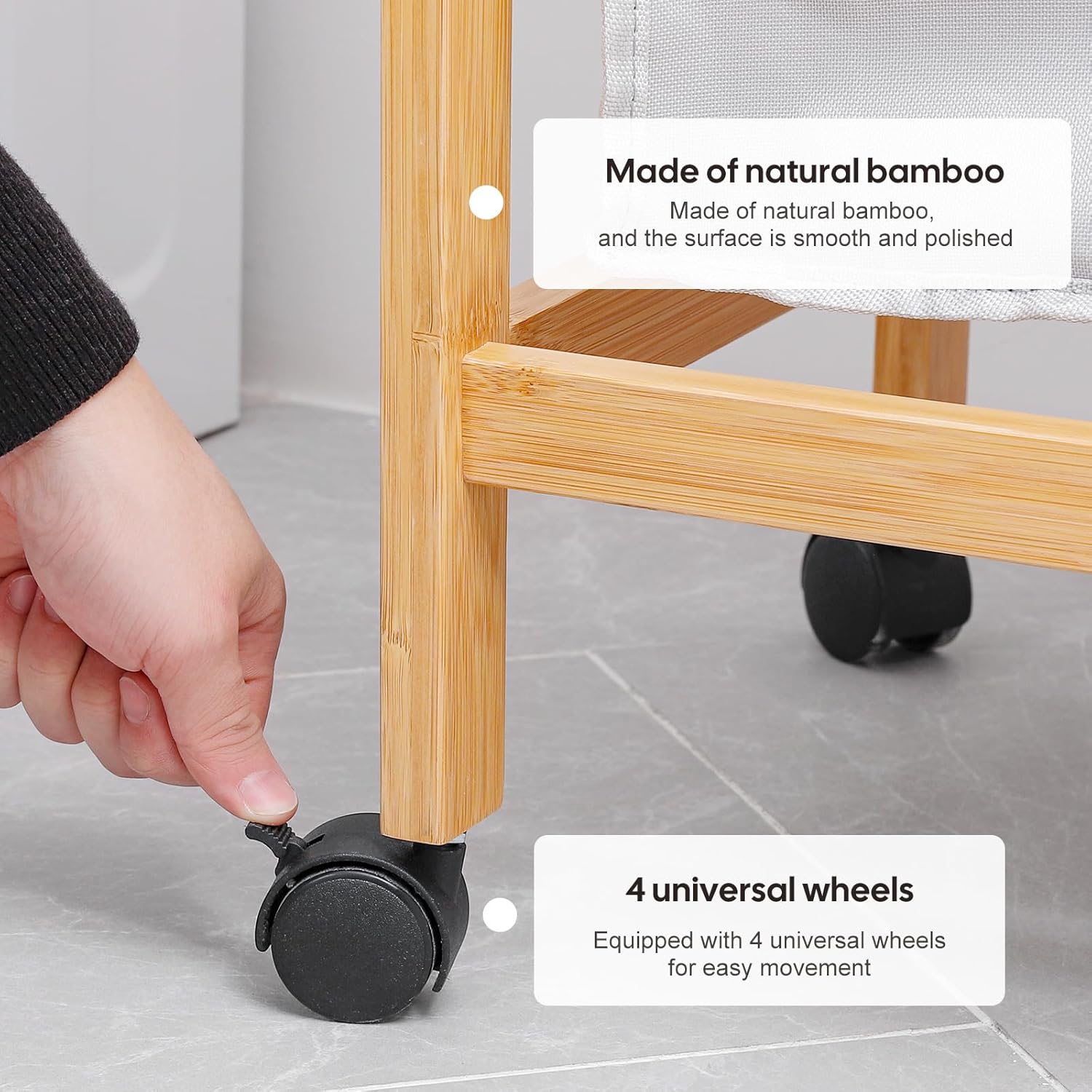 Homde Cesta de lavandería, carrito clasificador de ropa de bambú con barra para colgar ropa, cesta de lavandería de 2 secciones con ruedas, bolsas