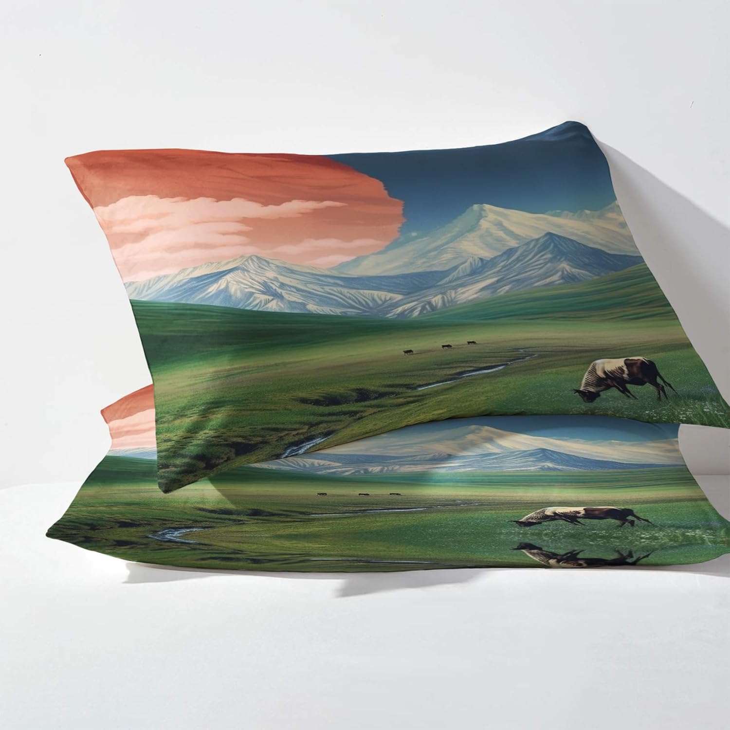 Sábanas de paisaje tamaño Queen, sábanas de vaca de montaña, sábanas y fundas de almohada estampadas de 4 piezas, sábana bajera ajustable de