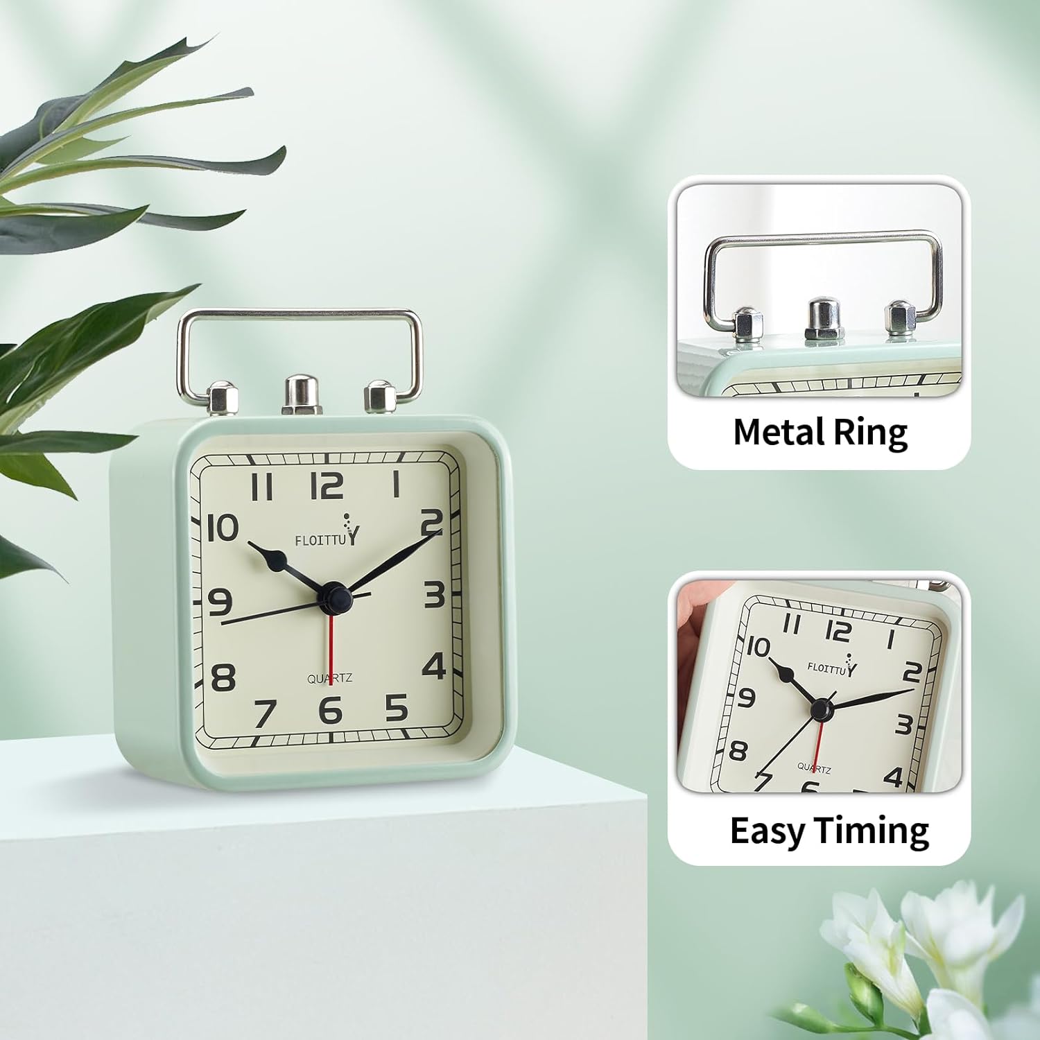 Reloj despertador cuadrado de metal, silencioso, sin tictac, funciona con pilas, luz nocturna y reloj de escritorio para dormitorio, viajes, niños,