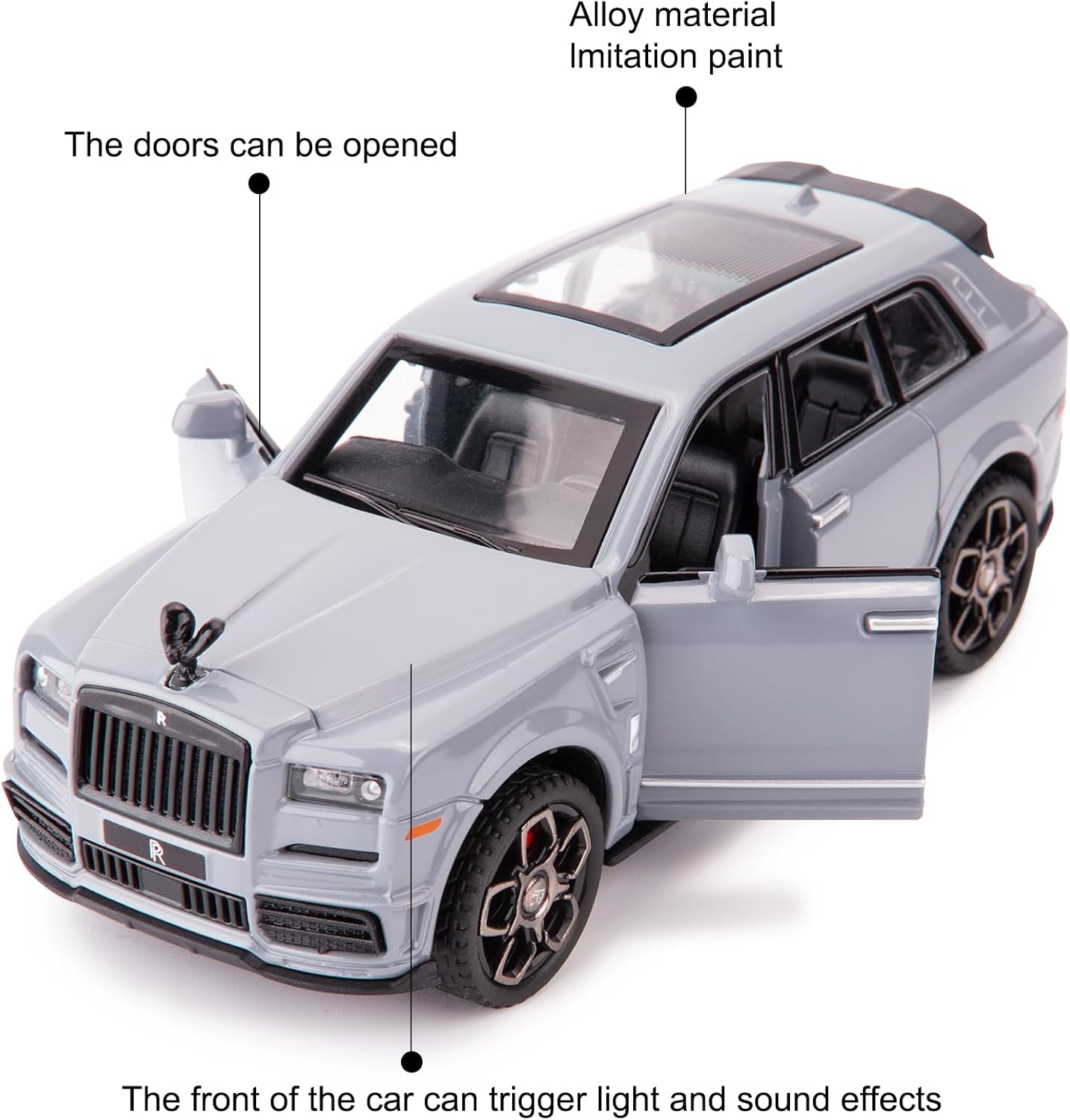 BDTCTK Compatible con el modelo de automóvil Rolls-Royce Cullinan 136, auto de juguete fundido a presión, puertas abiertas, luz y sonido, juguetes