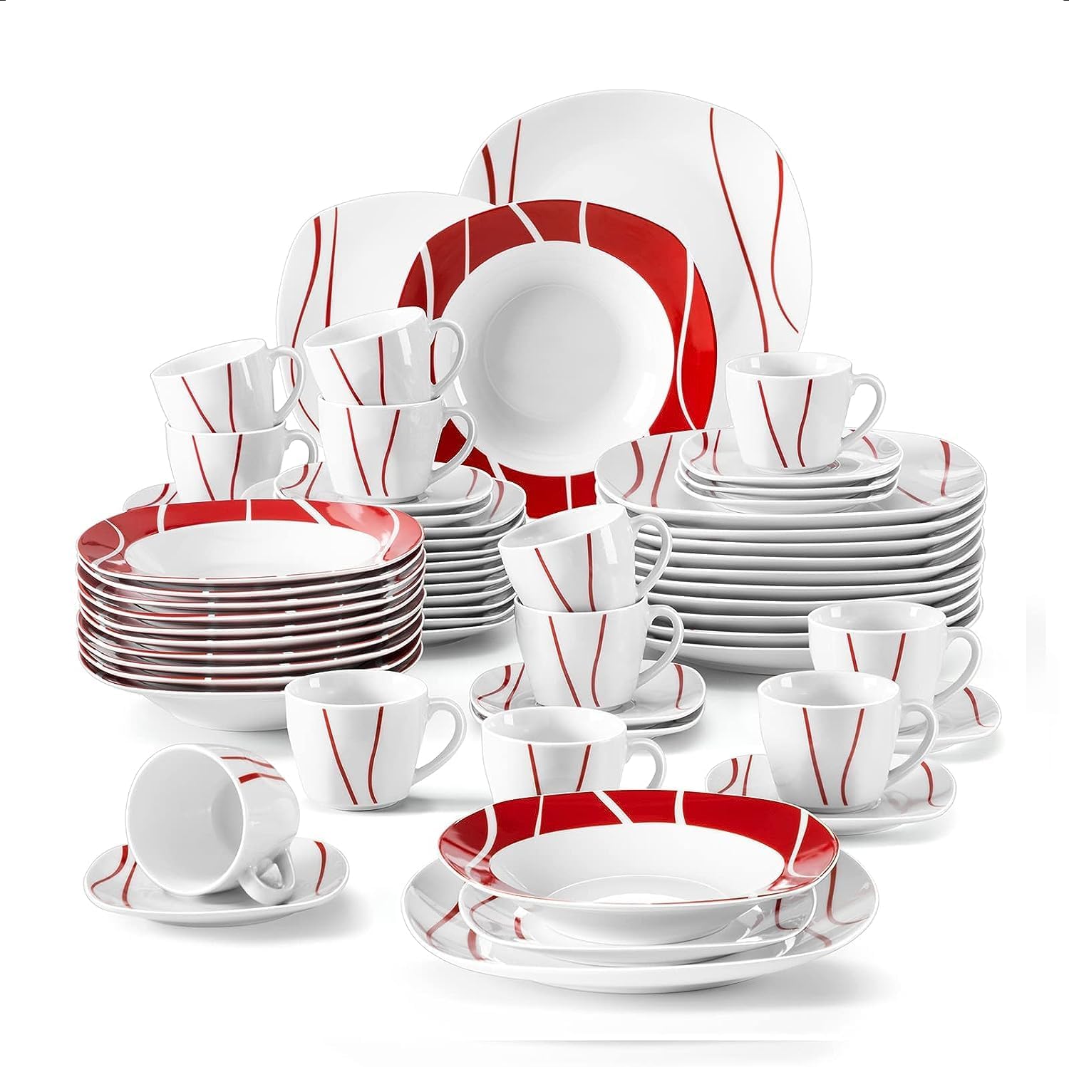 MALACASA Series Felisa – Juego de vajilla cuadrada, 60 piezas de platos y cuencos de porcelana para 12, juego de platos grises y blancos con plato