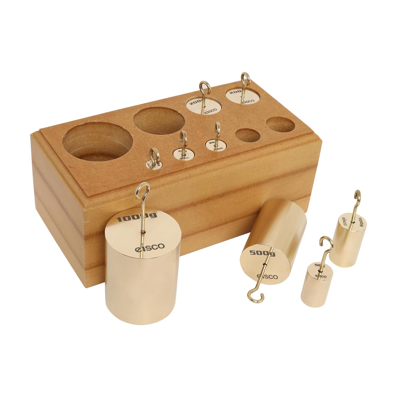 Eisco Labs – Juego de 9 pesas de latón con gancho, 0.35-35.27oz en bloque de madera