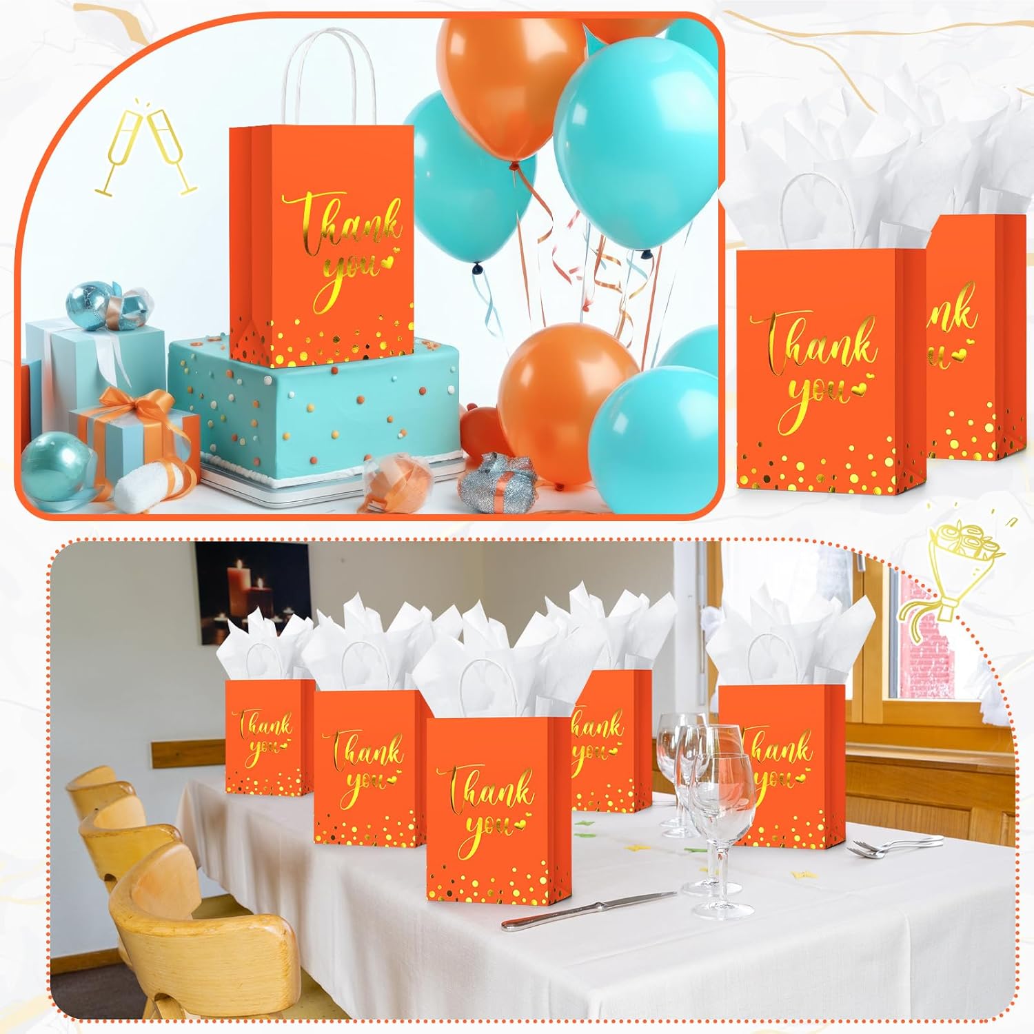 30 bolsas de regalo de agradecimiento con papel de seda dorado con asa para negocios, compras, bodas, baby shower, recuerdos de fiesta (naranja)