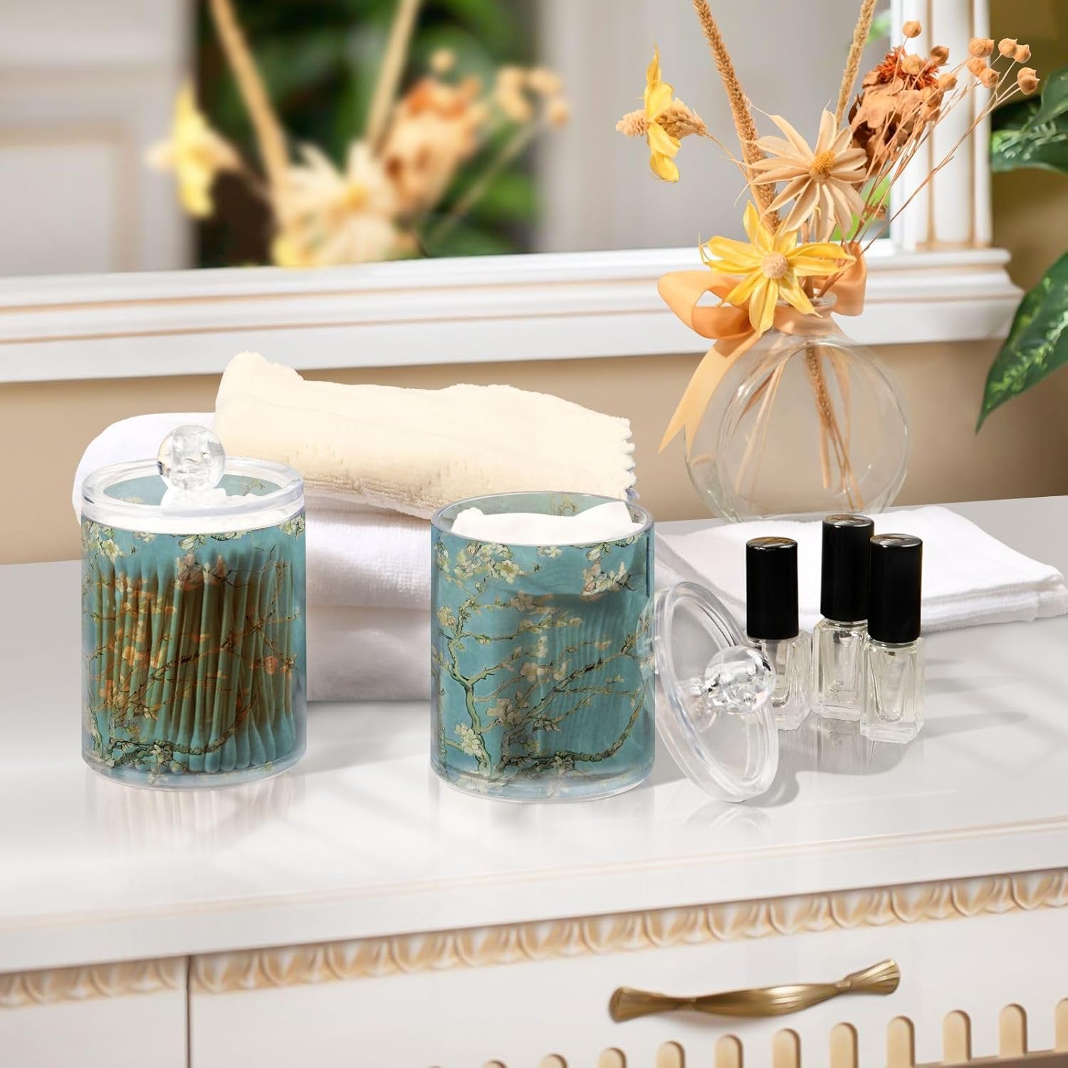 Qtip – Juego de soporte con tapa, recipiente de vidrio transparente de 10 onzas, tarros de boticario, organizadores de baño, accesorios de