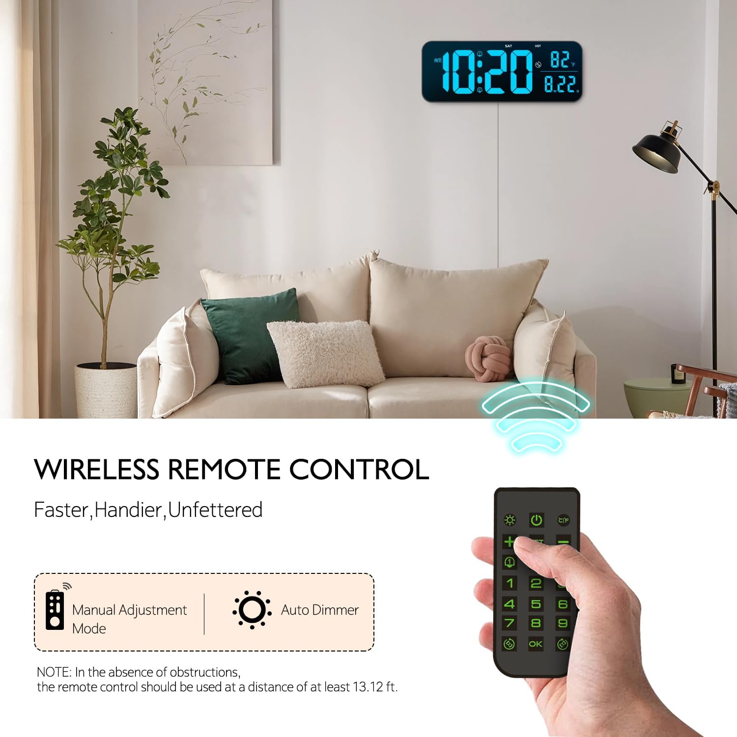 Reloj de pared digital, pantalla LED grande de 15.2 pulgadas con control remoto, 2 despertadores, DST, atenuación automática, 1224 horas,