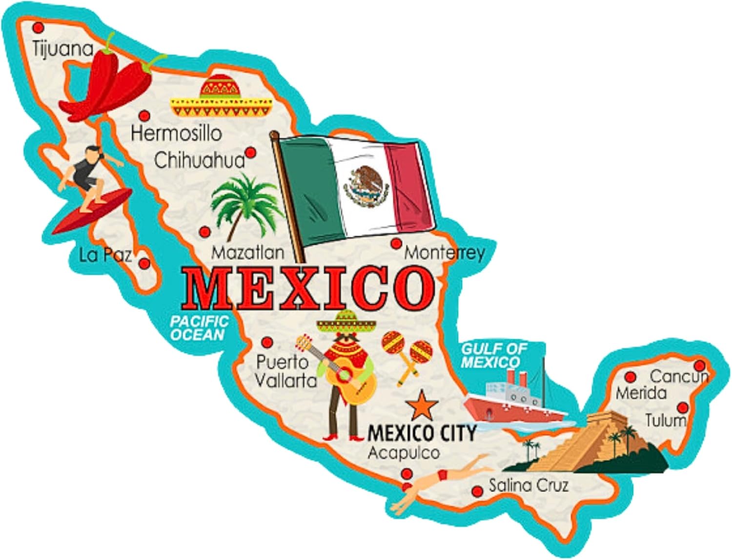 Imán de recuerdo del país de México, calcomanía magnética de mapa coleccionable para coches, refrigeradores y pizarras blancas, 5 pulgadas