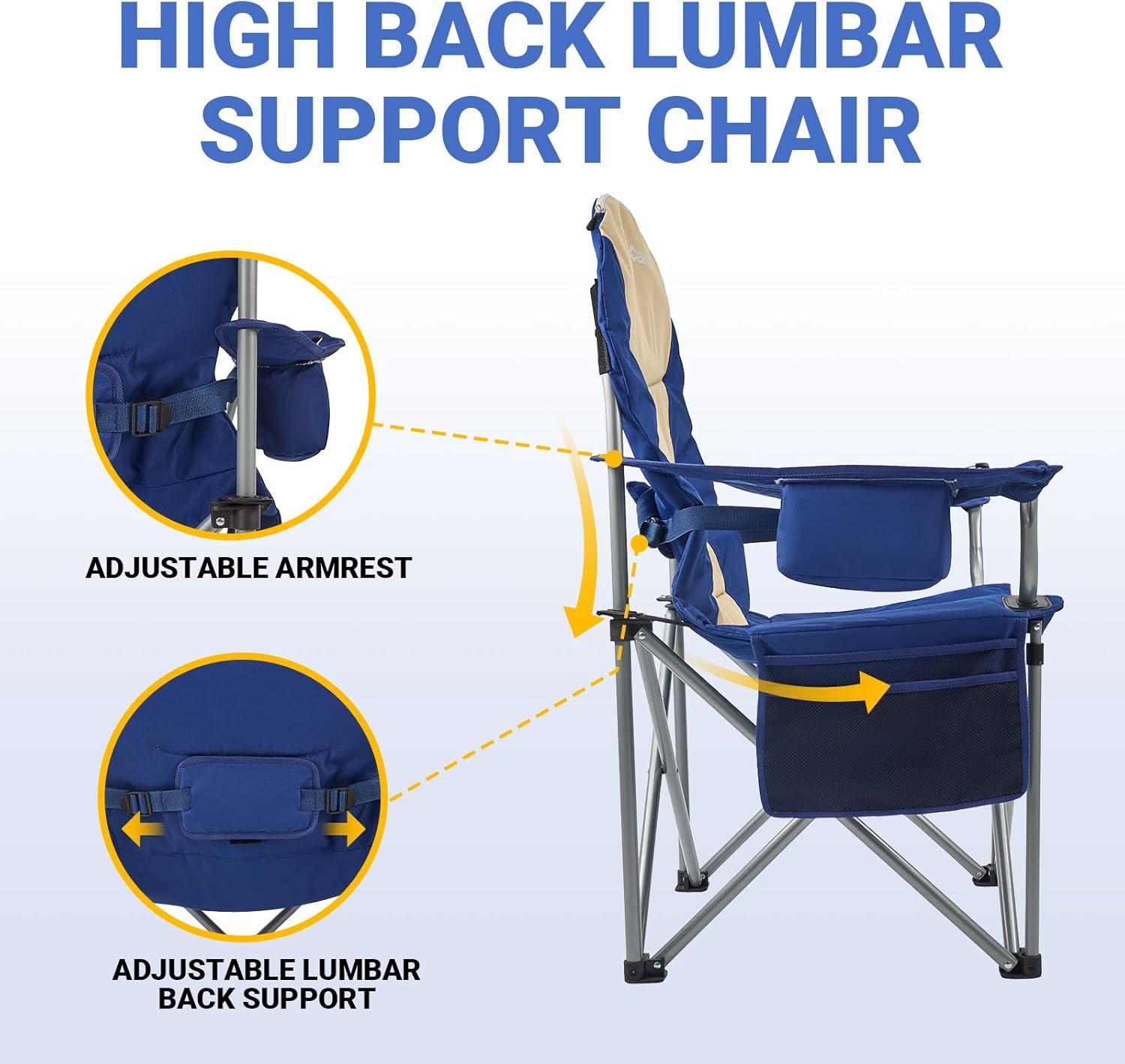 KingCamp Sillas de campamento con soporte lumbar con bolsa enfriadora, silla de campamento plegable acolchada para adultos con reposabrazos