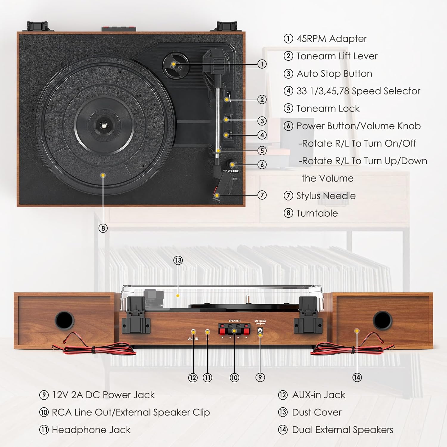 Tocadiscos vintage para vinilo con altavoces externos, tocadiscos de transmisión por correa con altavoces estéreo duales, entrada de auriculares