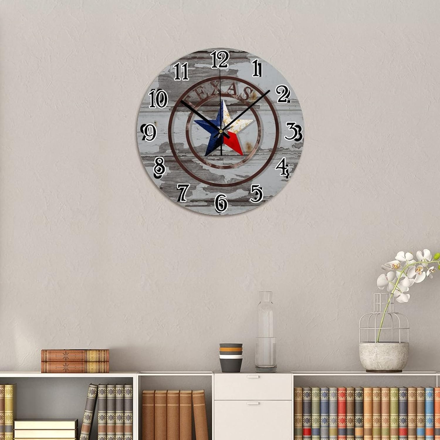 Reloj de pared con estrella de Texas occidental, reloj de pared decorativo estilo Shabby Chic Retro de 12 pulgadas, reloj redondo de cuarzo,