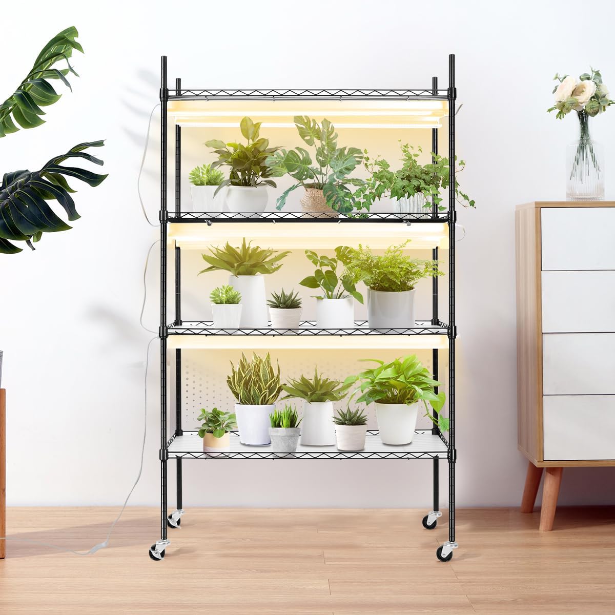 BreeRainz Estante para plantas con luces de crecimiento, soporte de metal de 4 niveles con capacidad de 90 libras para cada estante, longitud de
