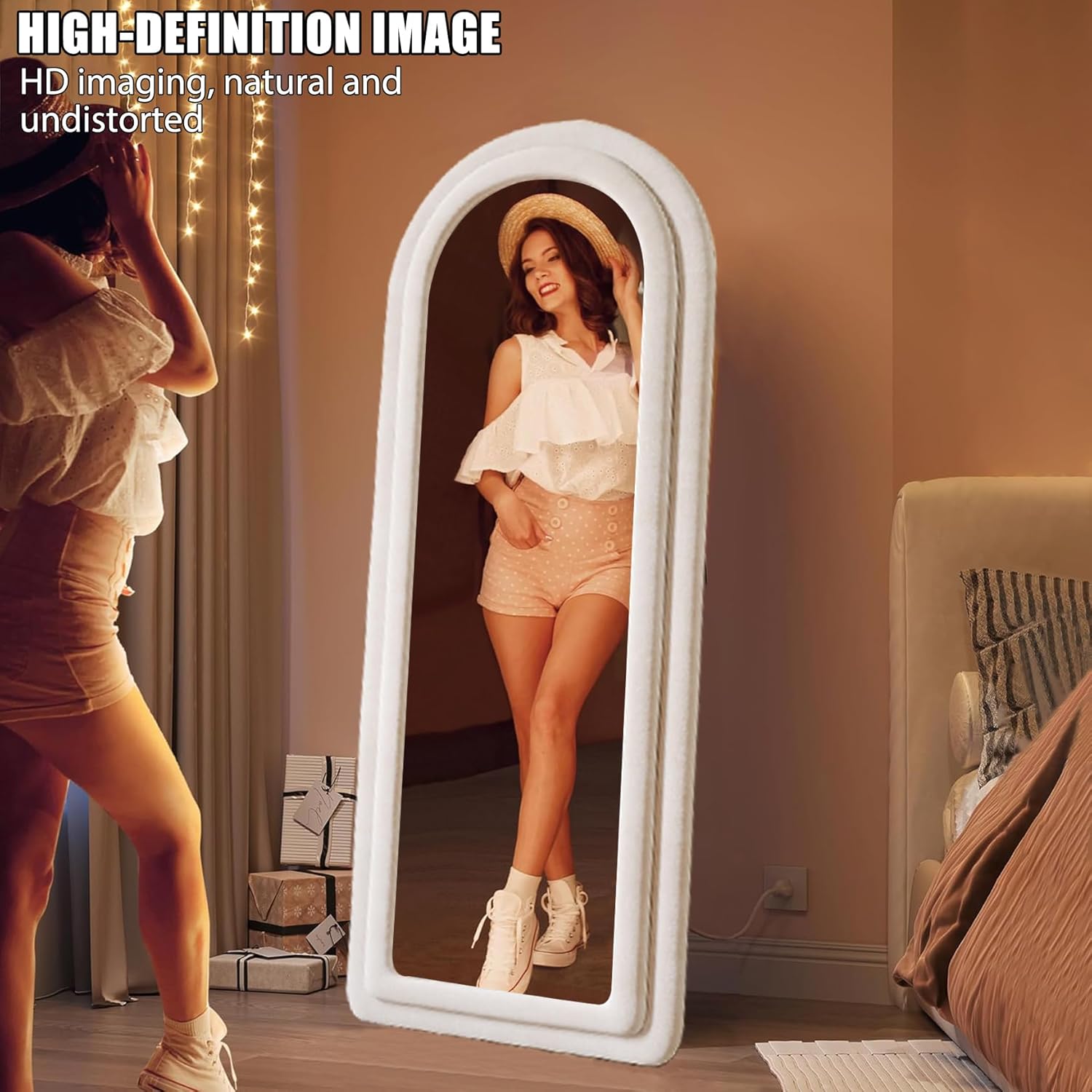 Espejo de franela de longitud completa con soporte arqueado para colgar en la pared, espejo corporal de 63 x 24 pulgadas, HD modernos y grandes