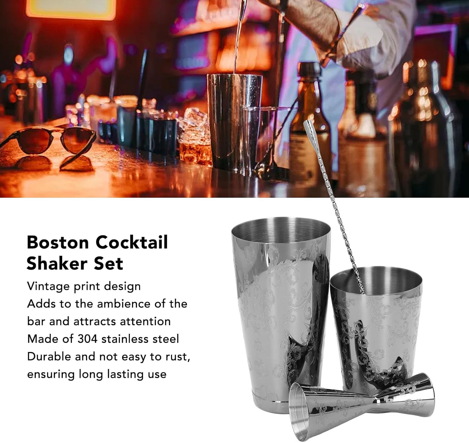 Kit de barman de acero inoxidable Boston Cocktail Shaker Set multifuncional para mezclar bebidas, hogar, bar, fiesta (juego 2)