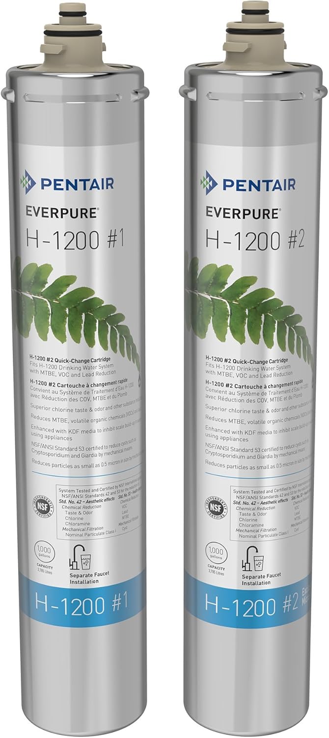 Pentair Everpure H-1200 – Sistema de agua potable, EV928200, certificado NSF para reducir PFOAPFOS, sistema de cartucho doble que incluye cabezal de