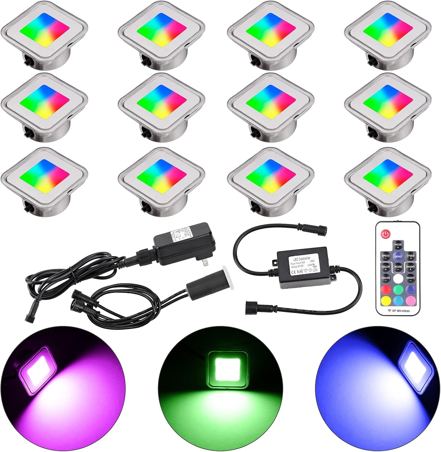 Kit de luces LED empotradas para terrazas, paquete de 12 luces LED RGB multicolor cuadradas para exterioresinteriores con control remoto IP67