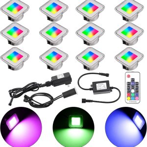 Kit de luces LED empotradas para terrazas, paquete de 12 luces LED RGB multicolor cuadradas para exterioresinteriores con control remoto IP67 Kit de luces LED empotradas para terrazas, paquete de 12 luces LED RGB multicolor cuadradas para exterioresinteriores con control remoto IP67