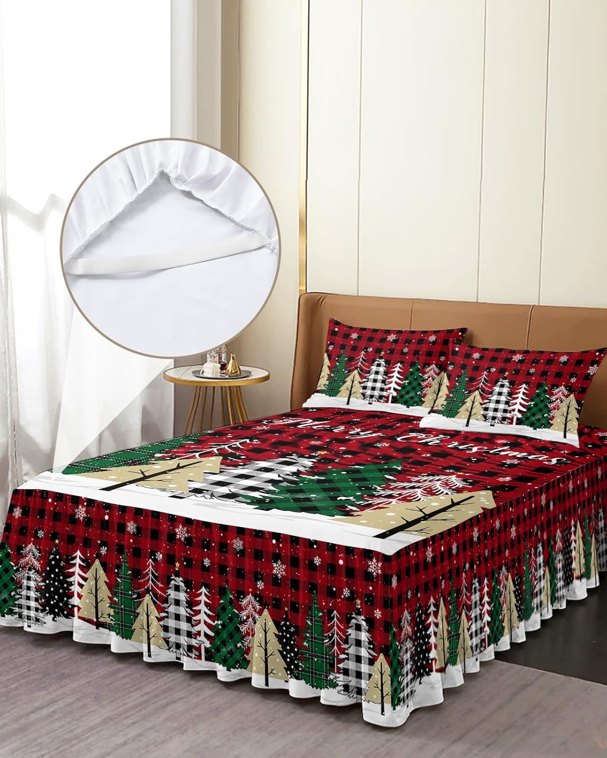 Faldas de cama plisadas envolventes de Navidad para cama King de 78 x 80 pulgadas, sábana decorativa con volantes y falda de cama de 18 pulgadas con