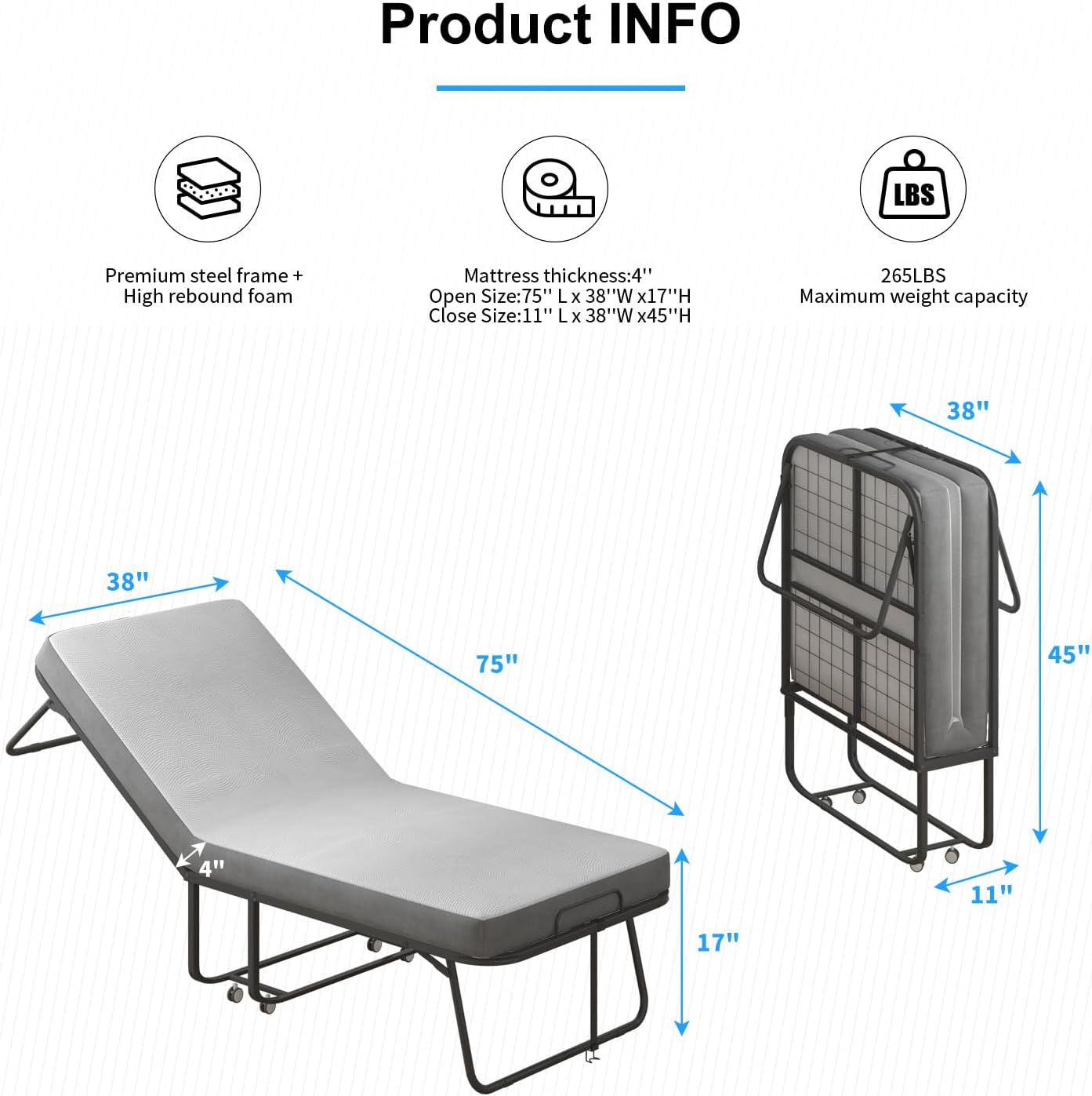 Cama plegable con colchón de 4 pulgadas incluido, cama temporal para invitados y familias, cama plegable que ahorra espacio con rodillos con