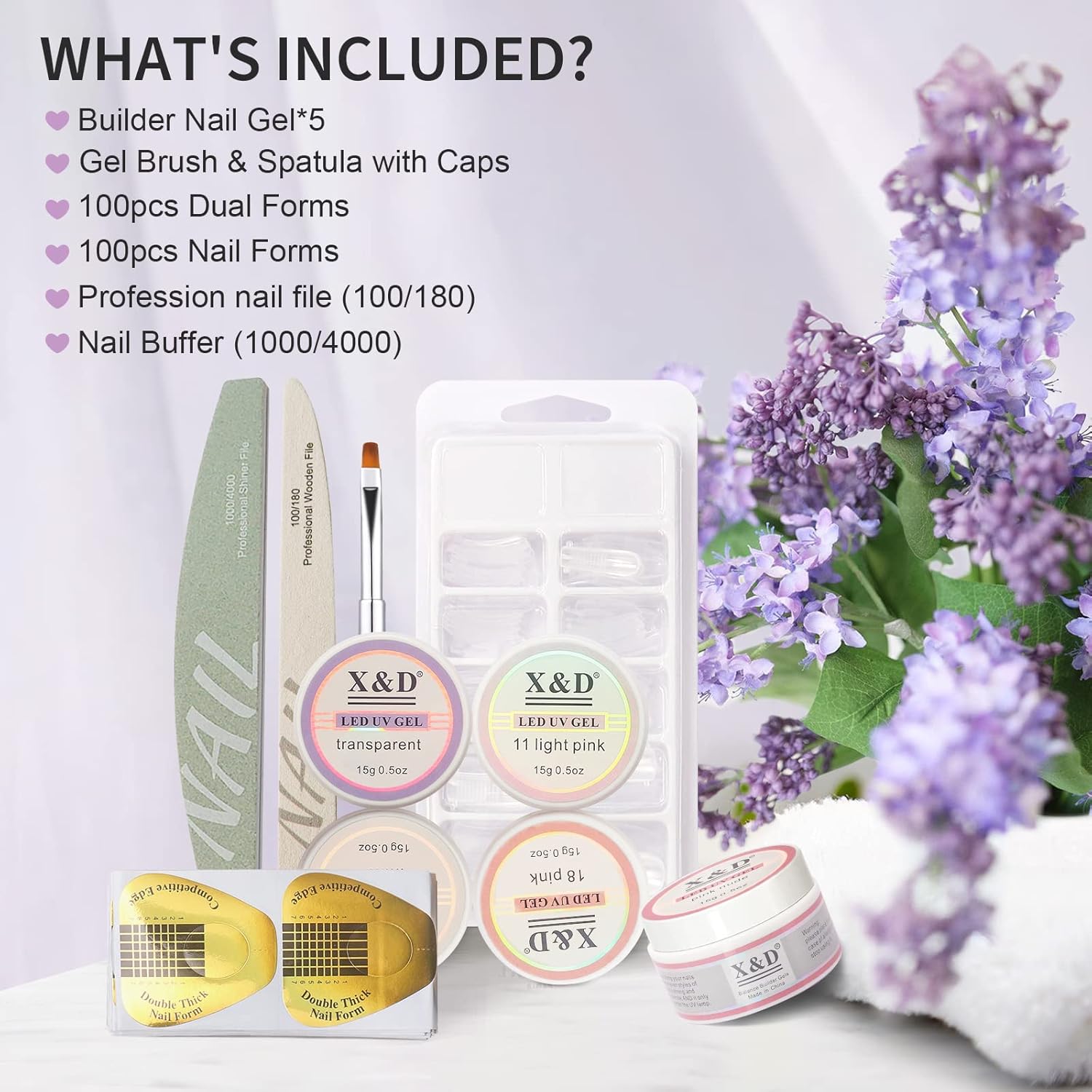 X&D Kit de uñas de poligel natural transparente de 5 colores, kit de gel de uñas de poli para extensiones de uñas con formas de uñas, formas dobles,