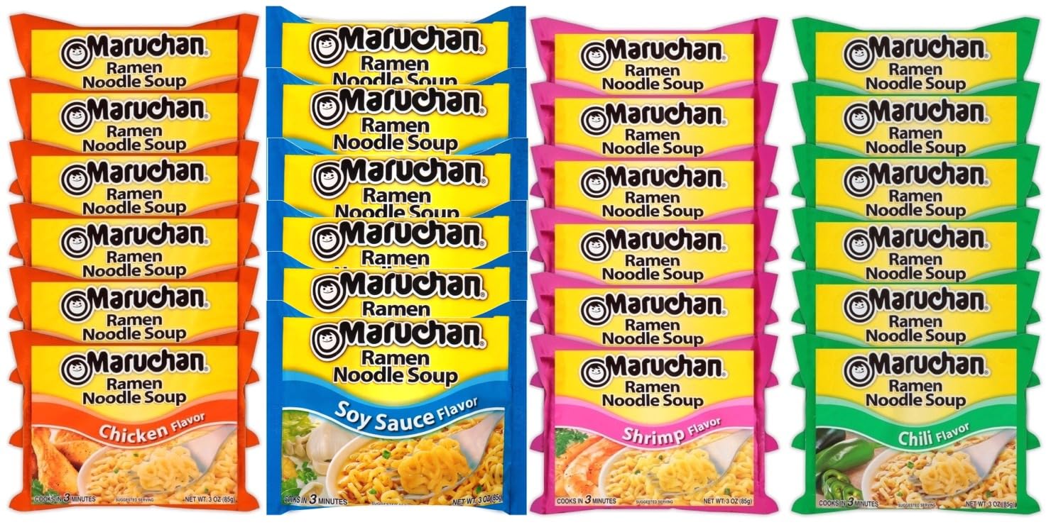 Maruchan Ramen – Mezcla variada de sopa de fideos instantáneos, 24 paquetes, 4 sabores  6 paquetes orientales, 6 paquetes de camarones, paquete de 6