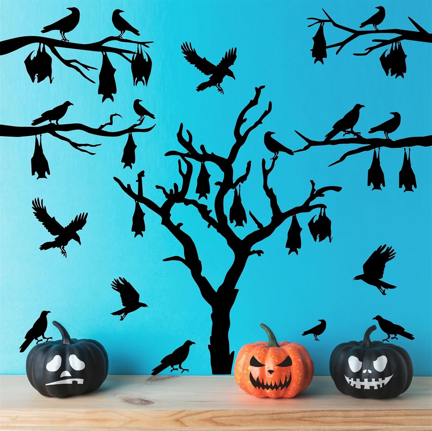 Calcomanías grandes para ventana de Halloween, árbol de Halloween, calcomanías de pared de murciélagos, calcomanías de cuervo de pájaro negro,