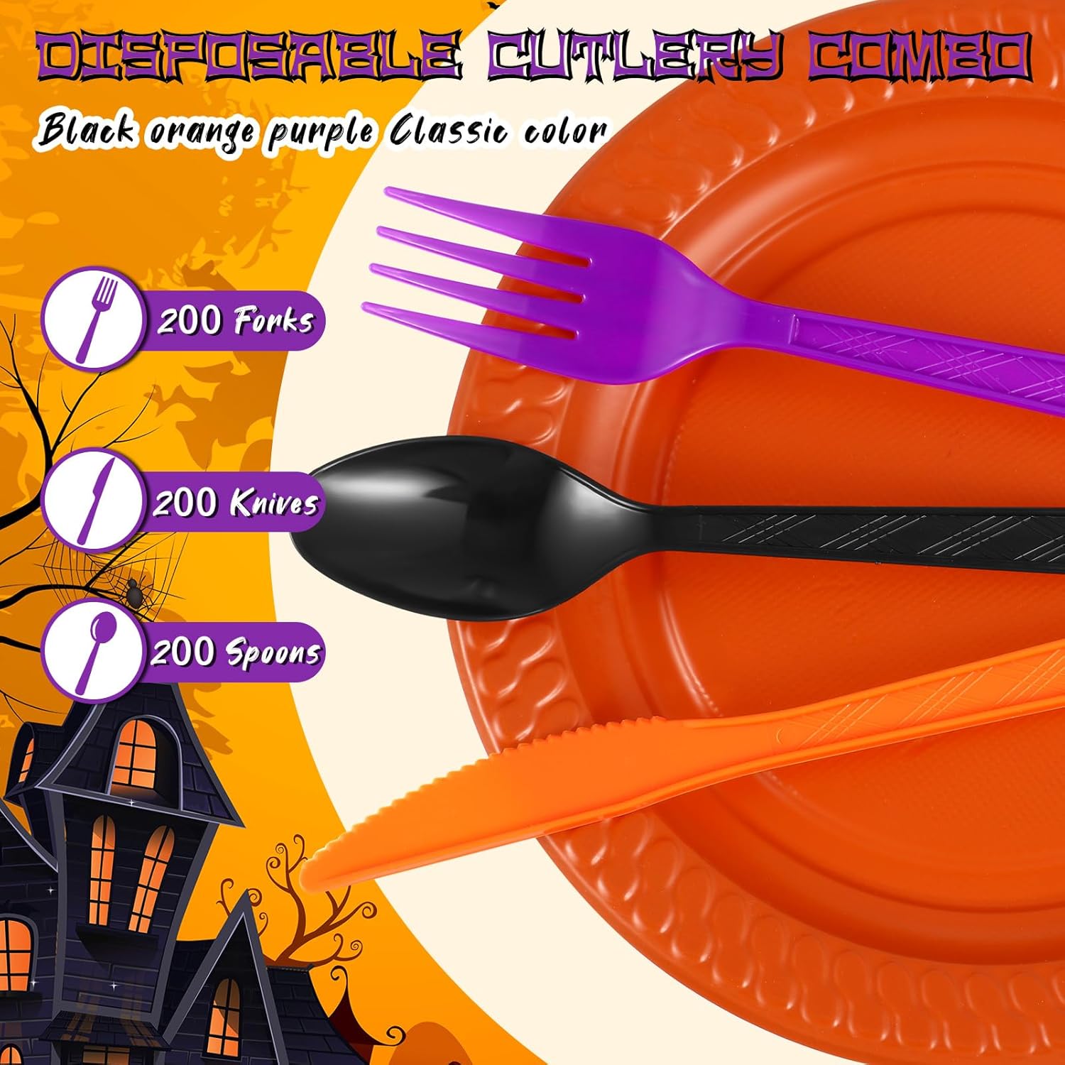 Hoolerry Juego de 600 cubiertos de plástico para Halloween, tenedores, cucharas y cuchillos, incluye 200 tenedores, 200 cucharas y 200 cuchillos