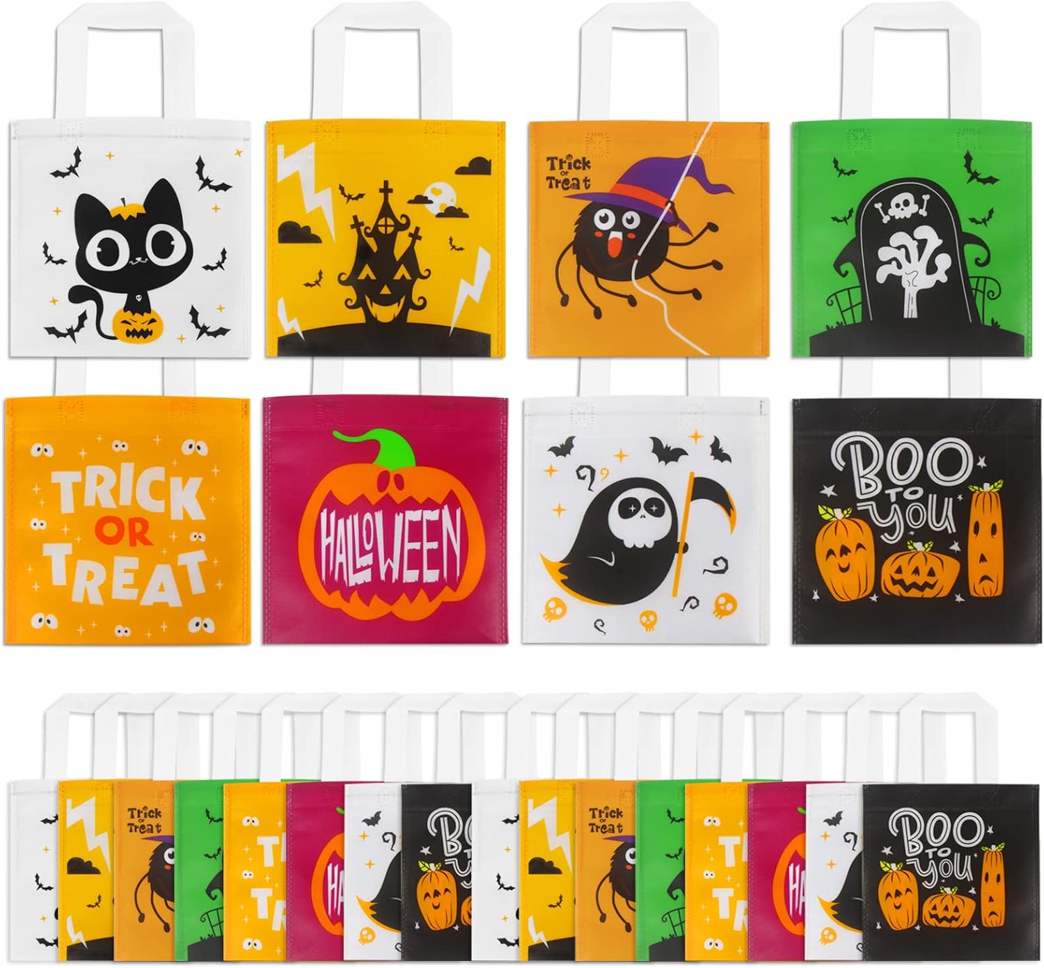 CCINEE 48 bolsas no tejidas de Halloween, 8 diseños de bolsas de regalo reutilizables con asas para niños, bolsas de dulces de Halloween, regalos de