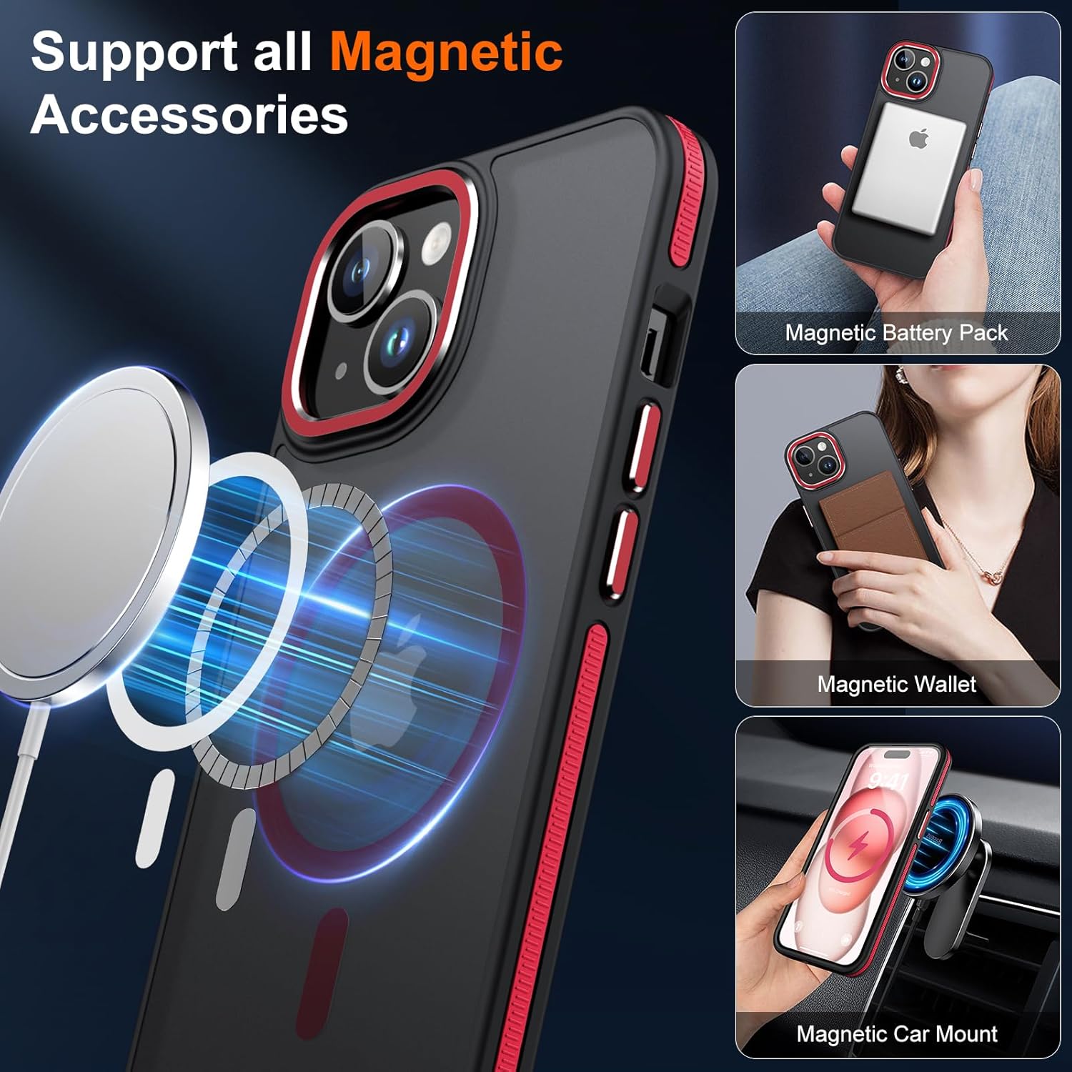 JAME Funda para iPhone 15, iPhone 15 con 2 protectores de pantalla de vidrio templado, compatible con Magsafe, protección de grado militar, funda
