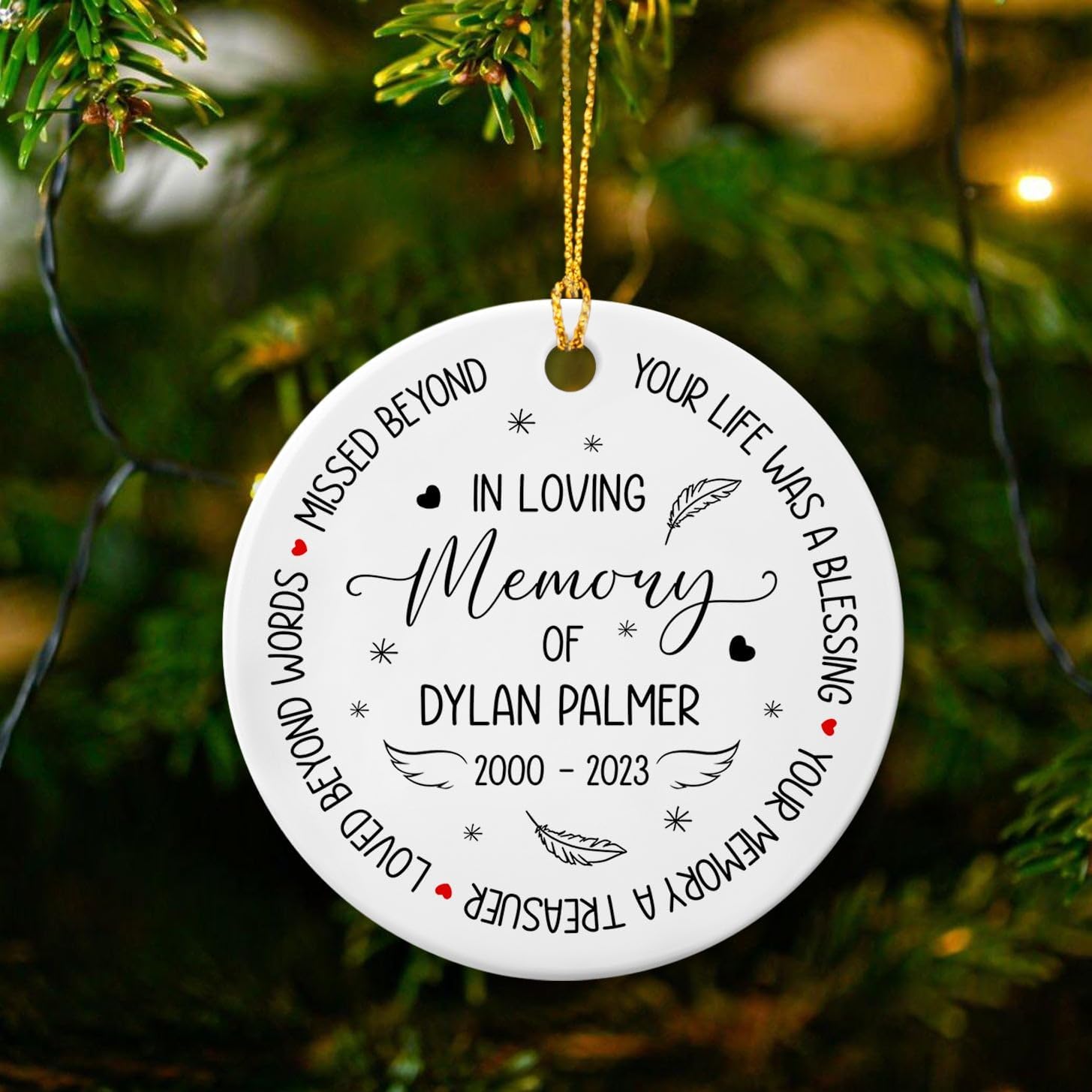 Adorno de Navidad con texto en inglés “In Loving Memory of Loss Loved One, Your Life was A Blessing”, adorno de cerámica conmemorativo personalizado