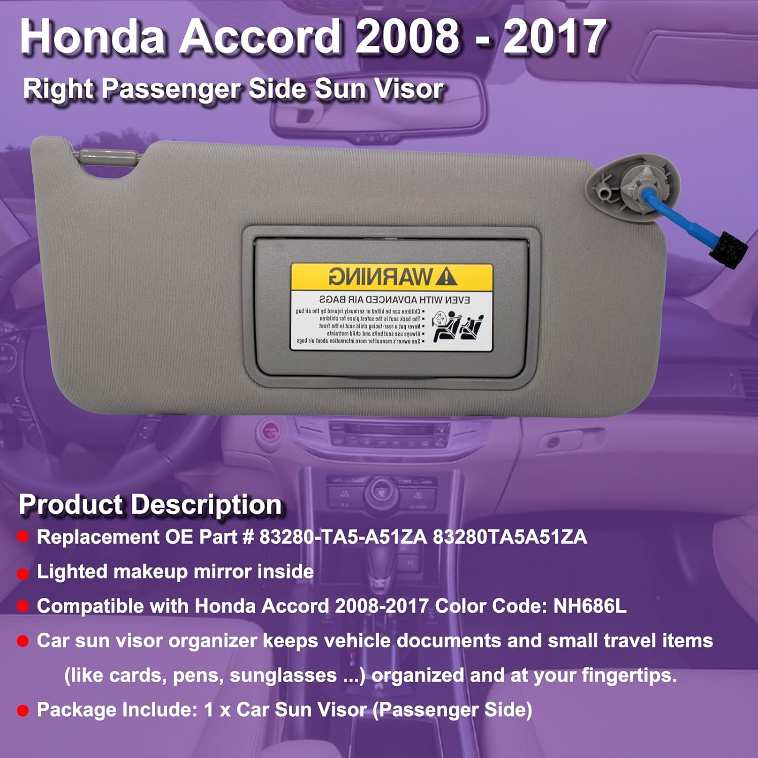 NHILES Visera solar derecha para pasajero compatible con Honda Accord 2008 2009 2010 2011 2012 2013 2014 2015 2016 2017 con luz de repuesto #