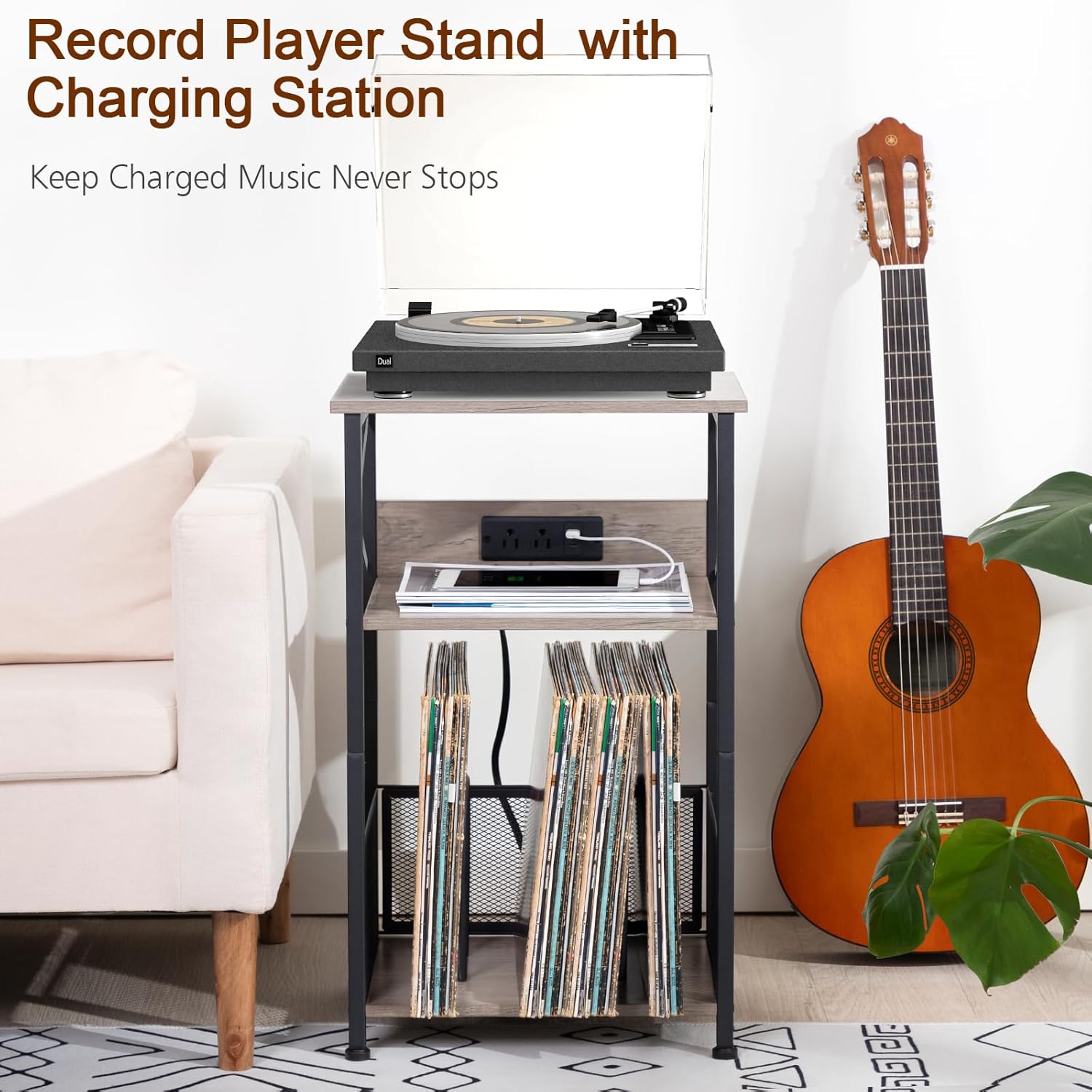 AMHANCIBLE HETCD01GY-1 – Soporte para tocadiscos con estación de carga, soporte para tocadiscos con armario de almacenamiento, mesa auxiliar de 3